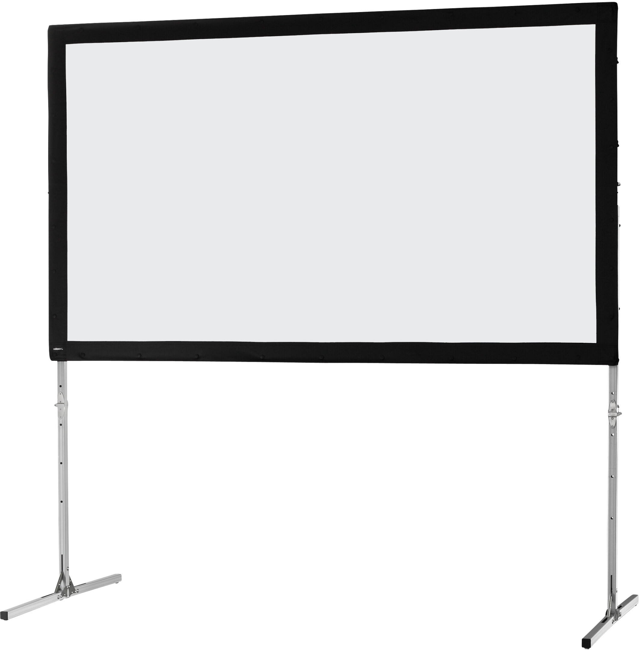 Écran de projection avec un cadre noir et un pied réglable. Fond blanc.