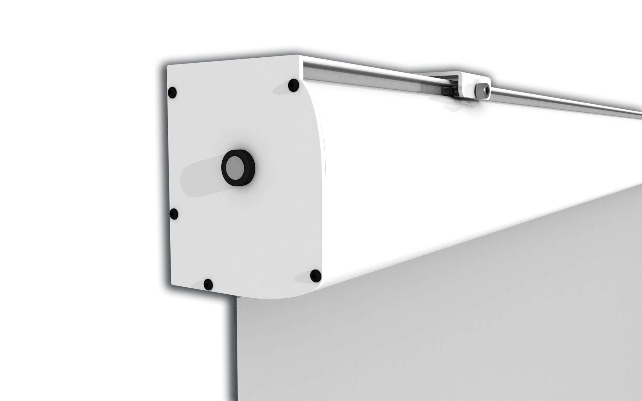 Weißer Projektionsschirmmechanismus auf weißem Hintergrund. Eine Metallstange ist sichtbar.