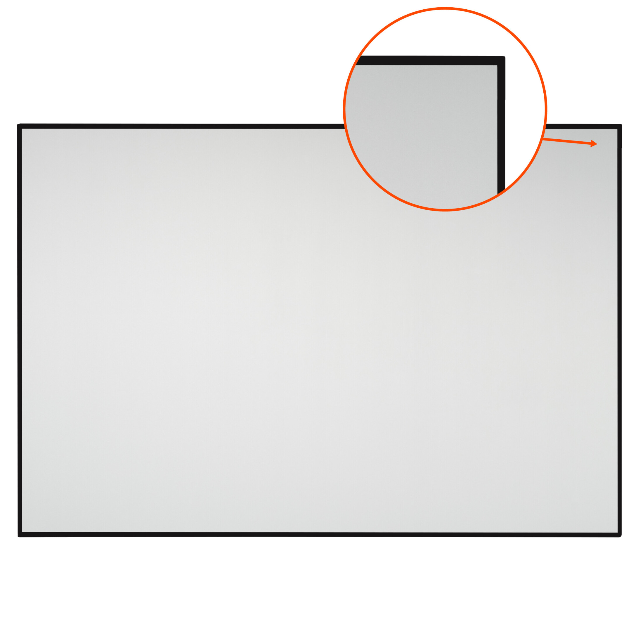 Weiße Projektionsleinwand mit schwarzem Rahmen und Detailzoom.