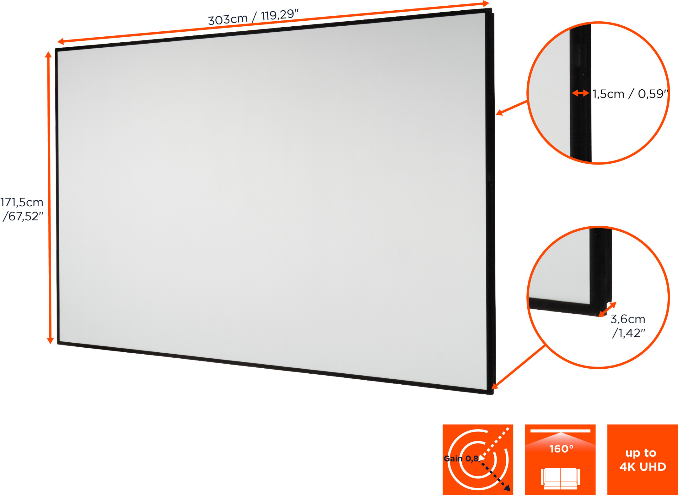 Weisse Projektorleinwand mit schwarzem Rahmen. Abmessungen und technische Daten sind angegeben.