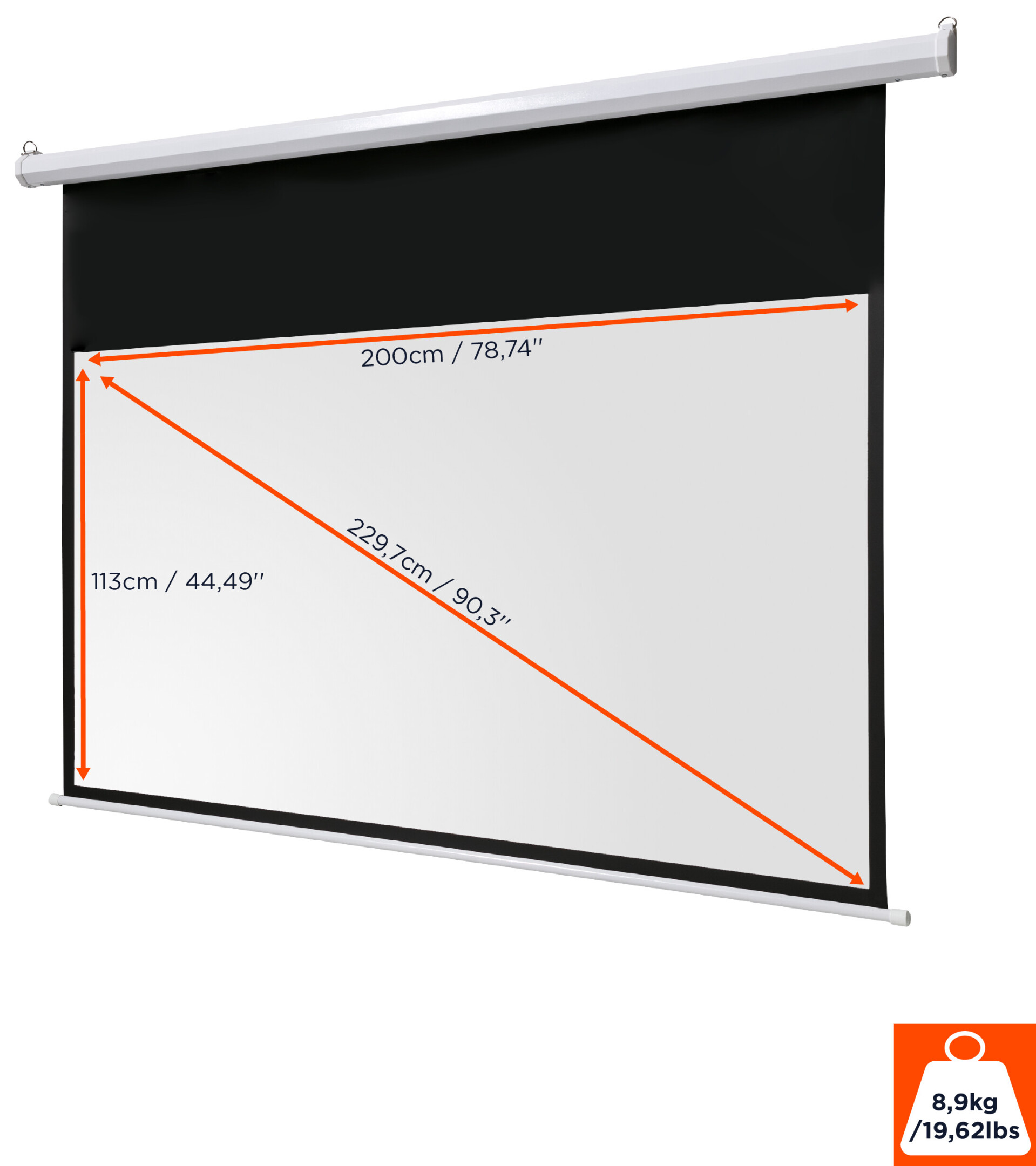 Weiße Projektorleinwand mit Maßen in cm und Zoll. Schwarzes Gehäuse. Weißer Hintergrund.