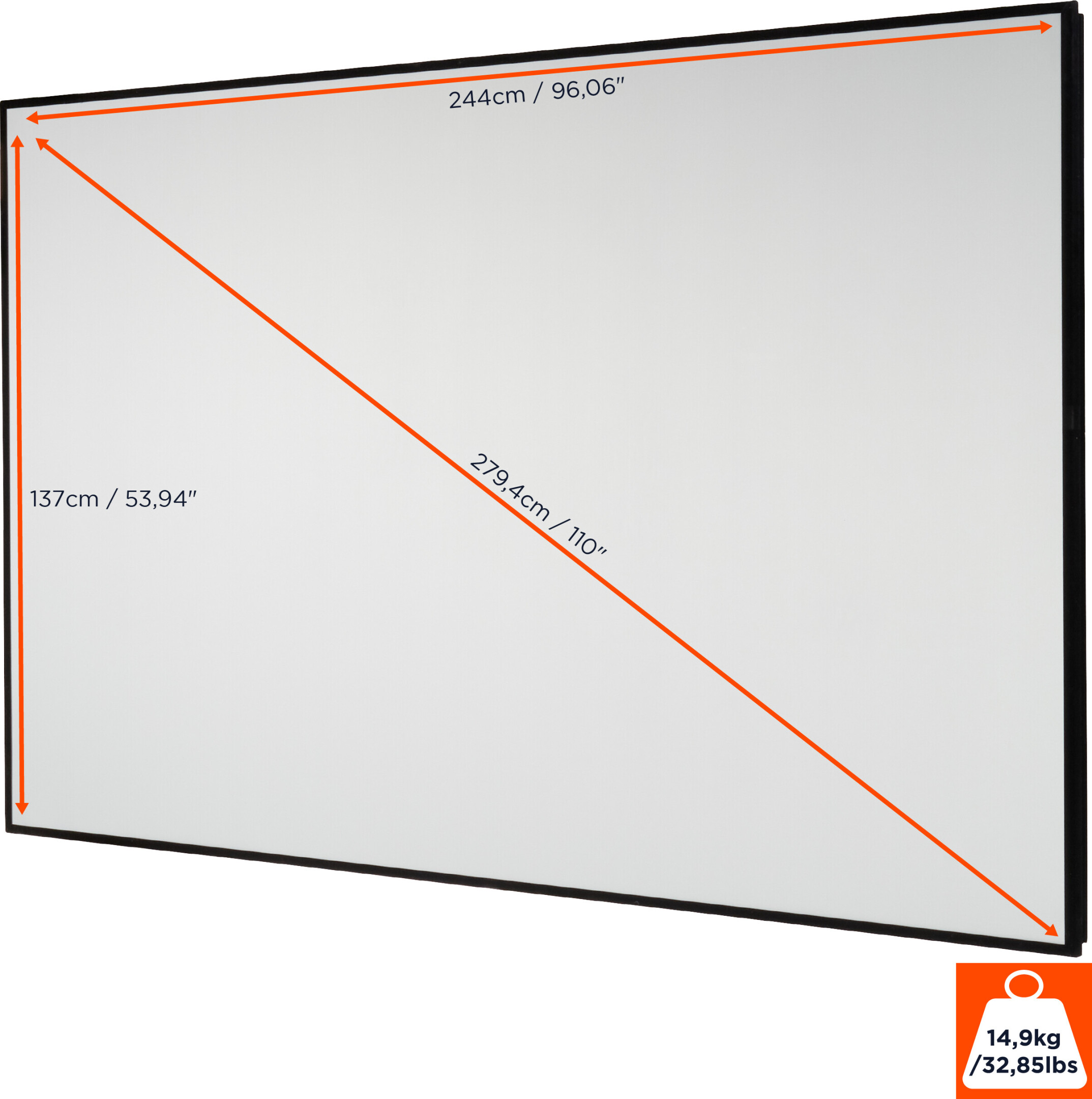 Große weiße Projektorleinwand mit schwarzem Rahmen, Maße und Gewichtsangaben auf Weiß.