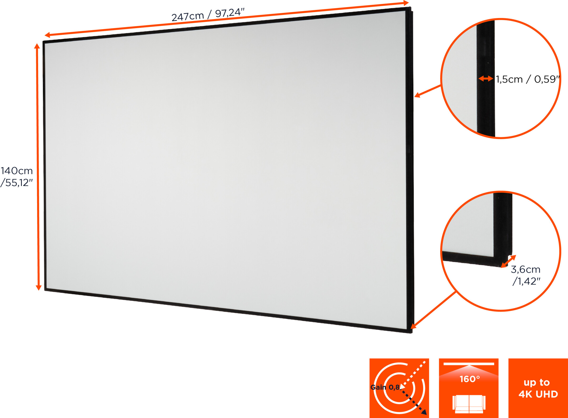 Eine große weiße Projektorleinwand mit schwarzen Rändern und Maßangaben. Mit Spezifikationssymbolen.