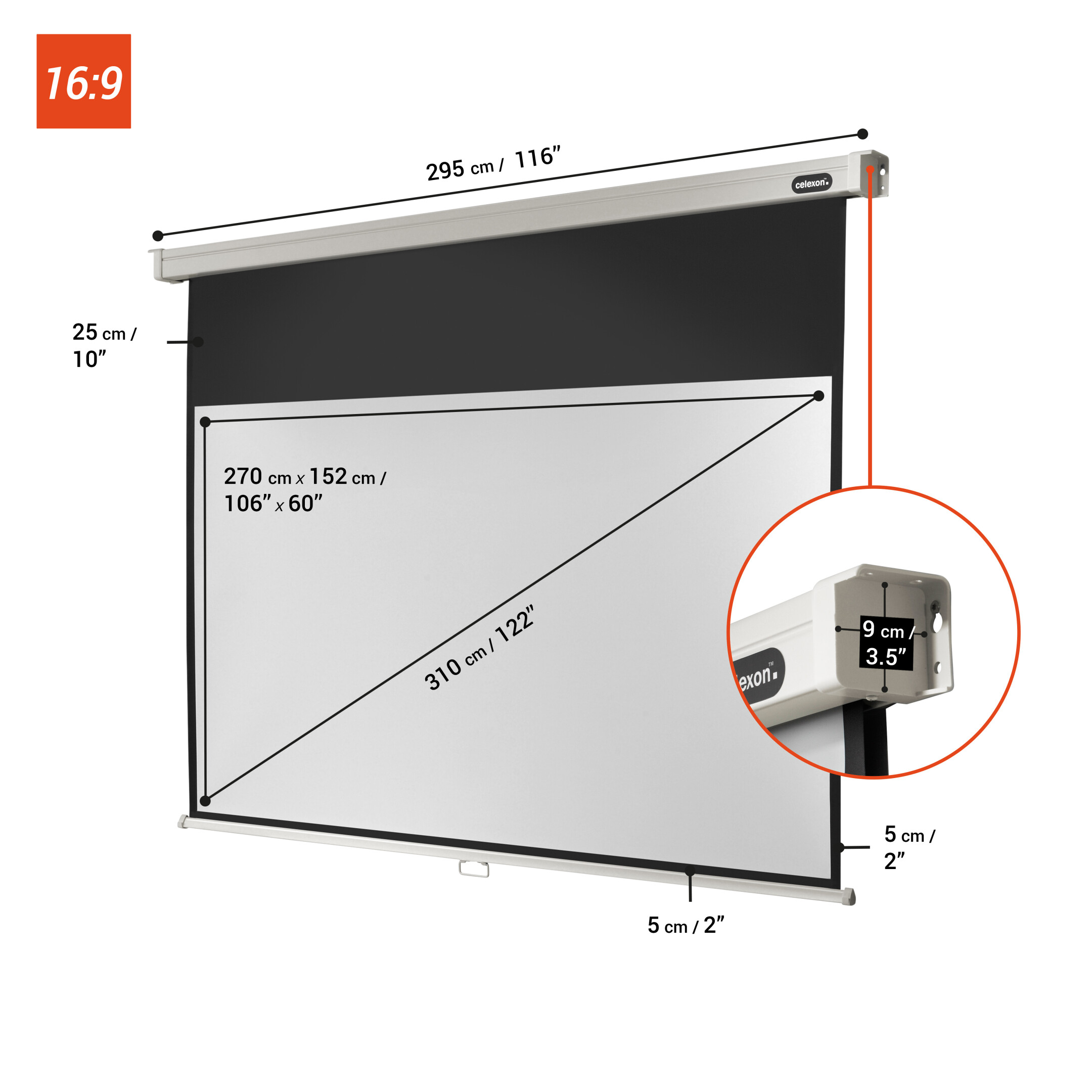 Weiße Projektorleinwand mit Abmessungen. Text: 16:9. Abmessungen in cm und Zoll.