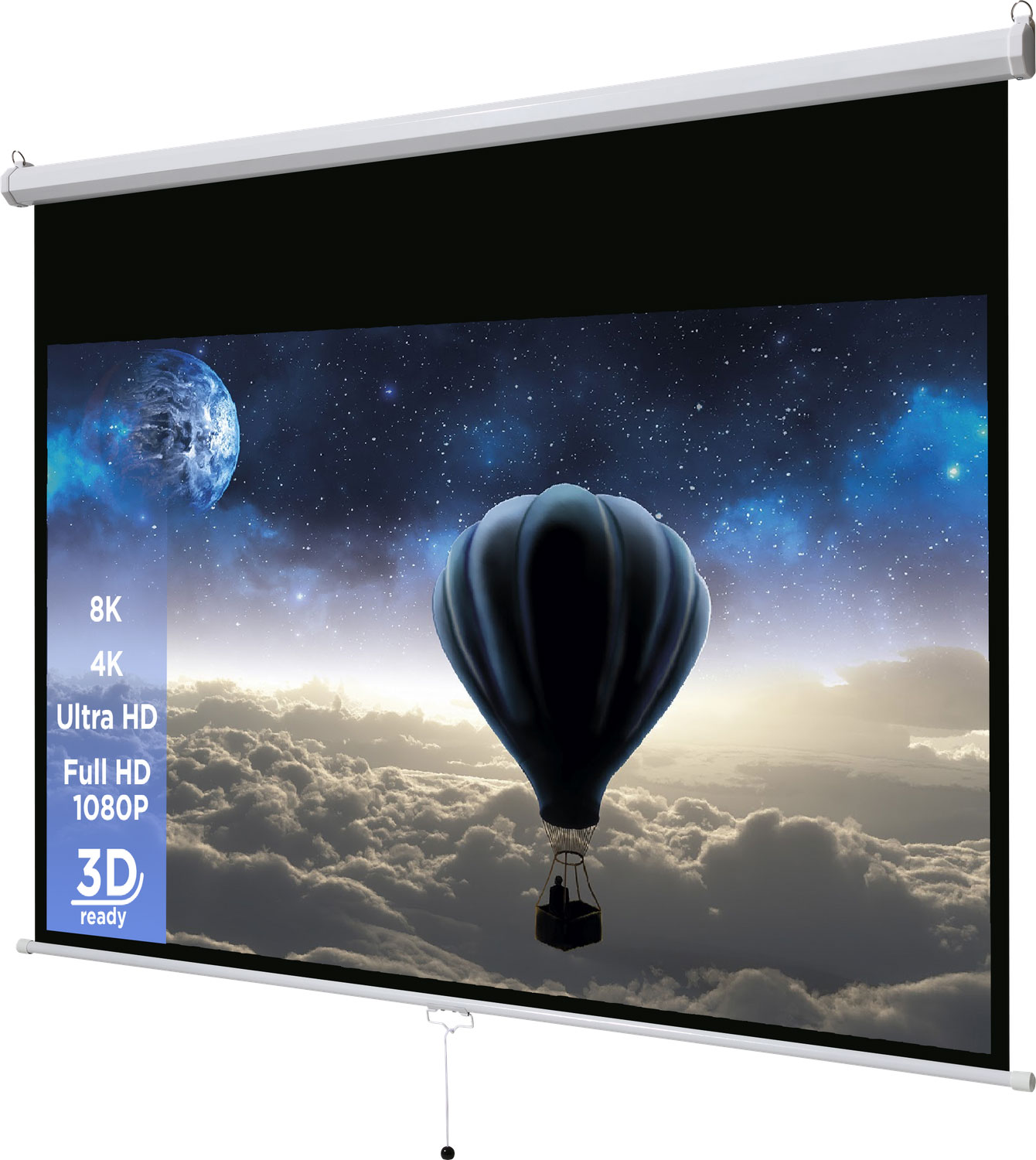 Eine schwarze Projektorleinwand mit einer Szene mit Himmel und Heißluftballon. Es hat Text mit 8K, 4K, Full HD und 3D.