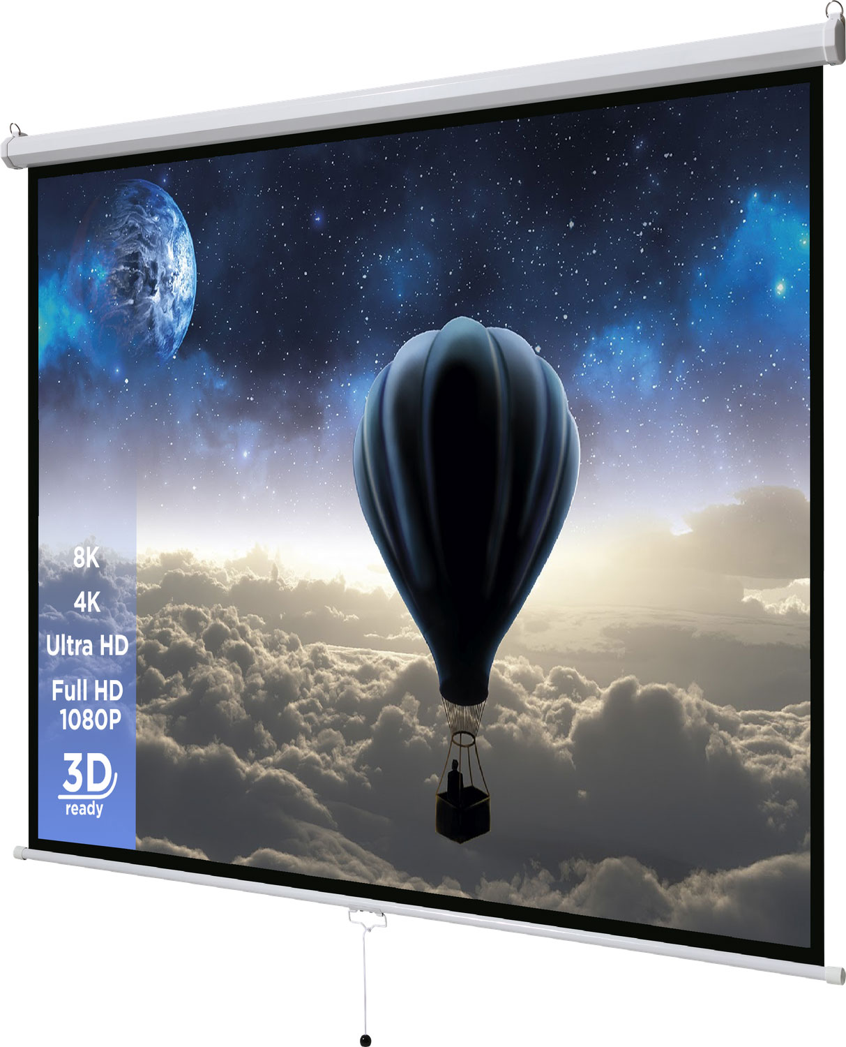 Projektorleinwand mit einem Heißluftballon über einer sternenklaren Nacht. 8K, 4K, Ultra HD, Full HD und 3D ready.