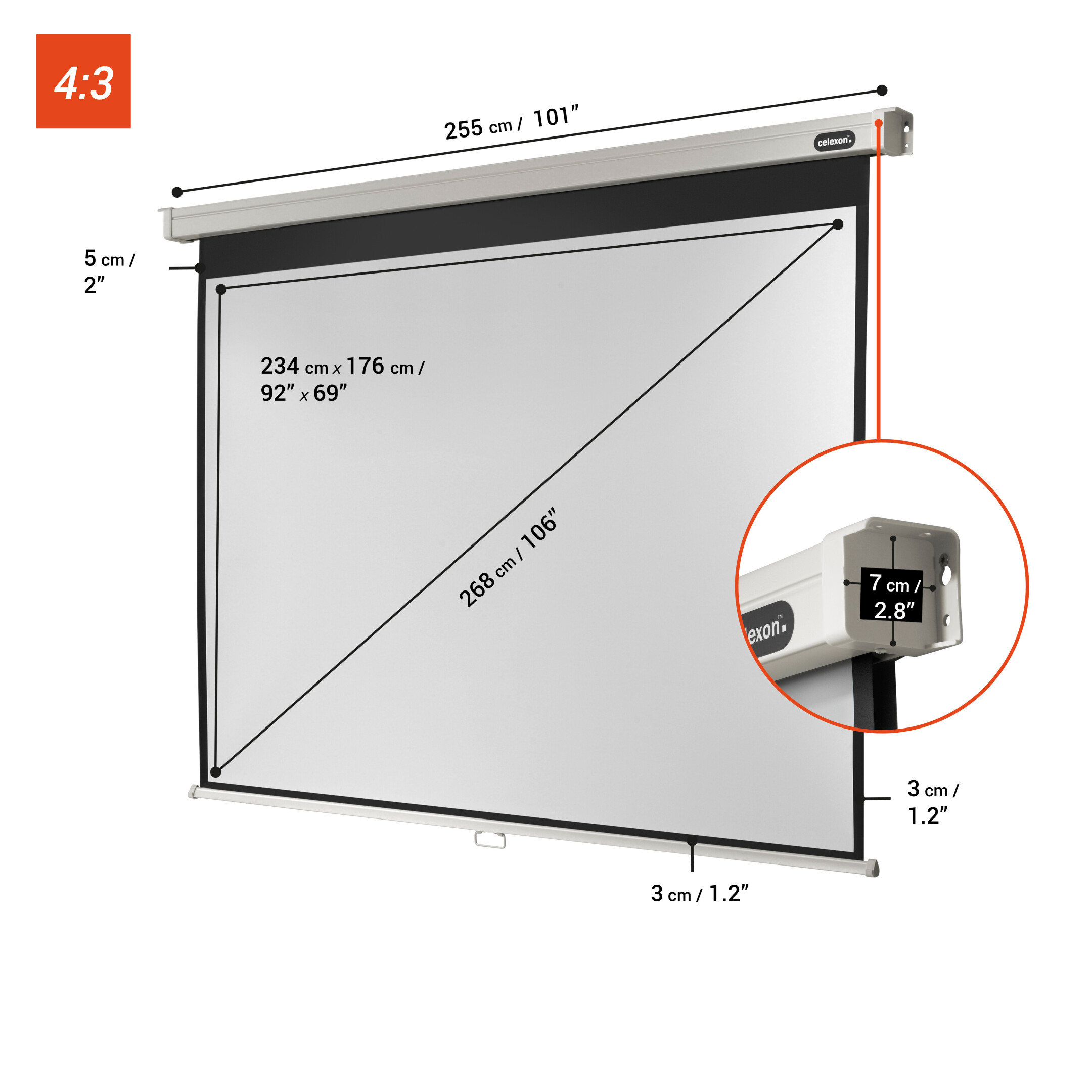 Weiße Projektorleinwand mit Maßen und Nahaufnahme des Gehäuses.