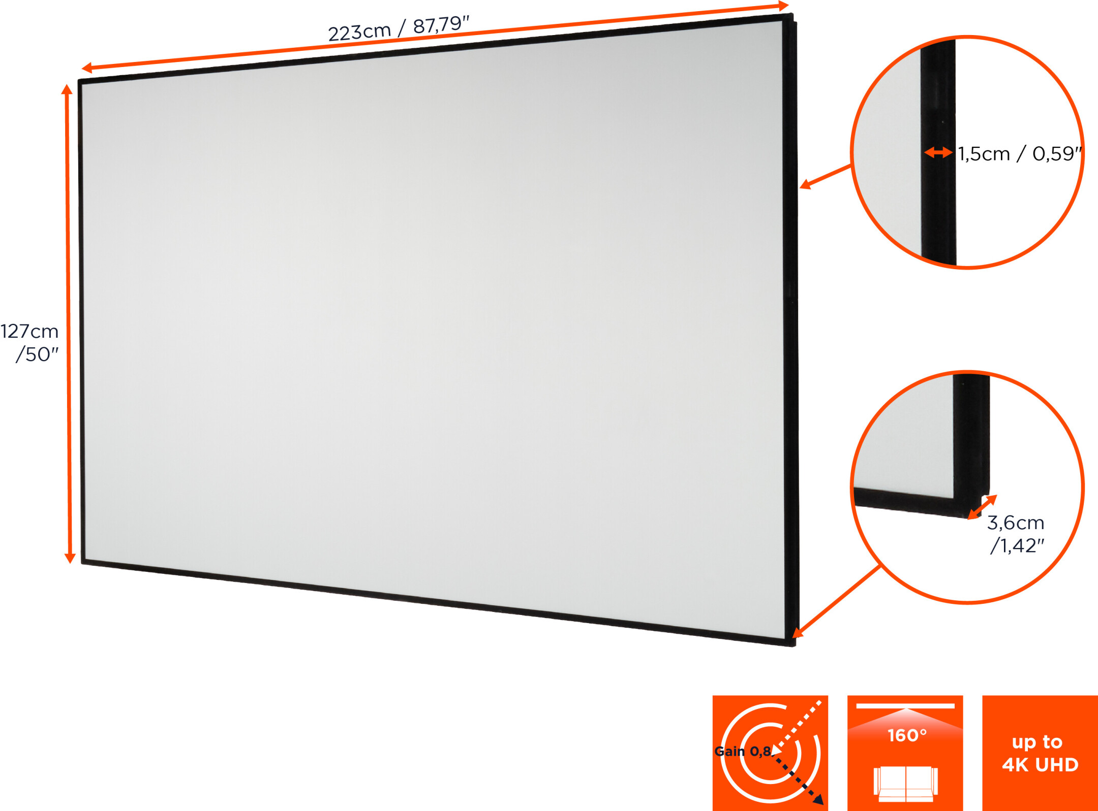 Weiße Projektorleinwand mit schwarzen Rändern. Maße und Logos sind sichtbar.