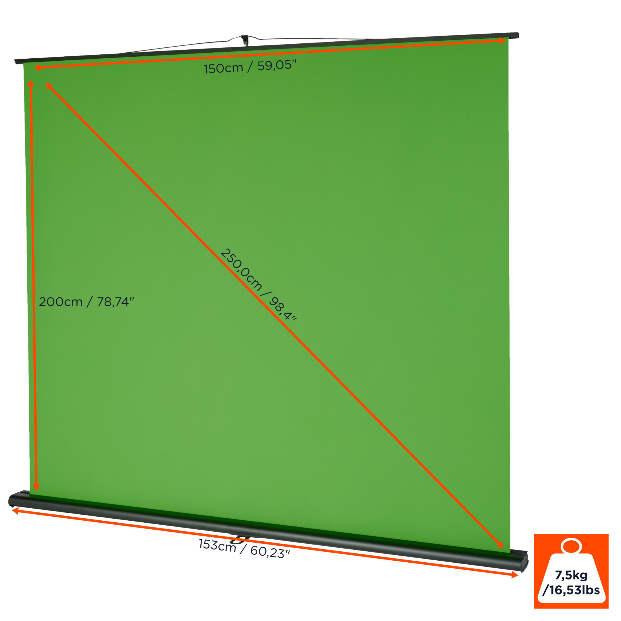 Ein Greenscreen mit Maßen auf weißem Hintergrund.