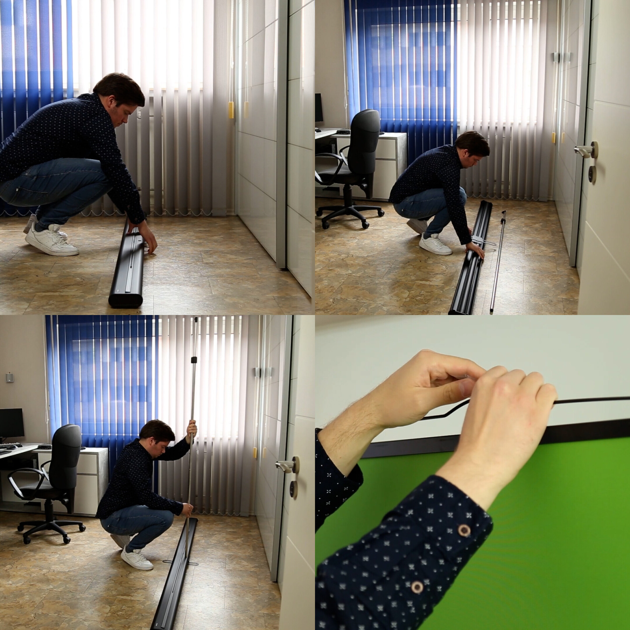 Vier Bilder, die einen Mann zeigen, der in einem Büro einen Green Screen montiert. Er trägt ein blaues Hemd und Jeans.