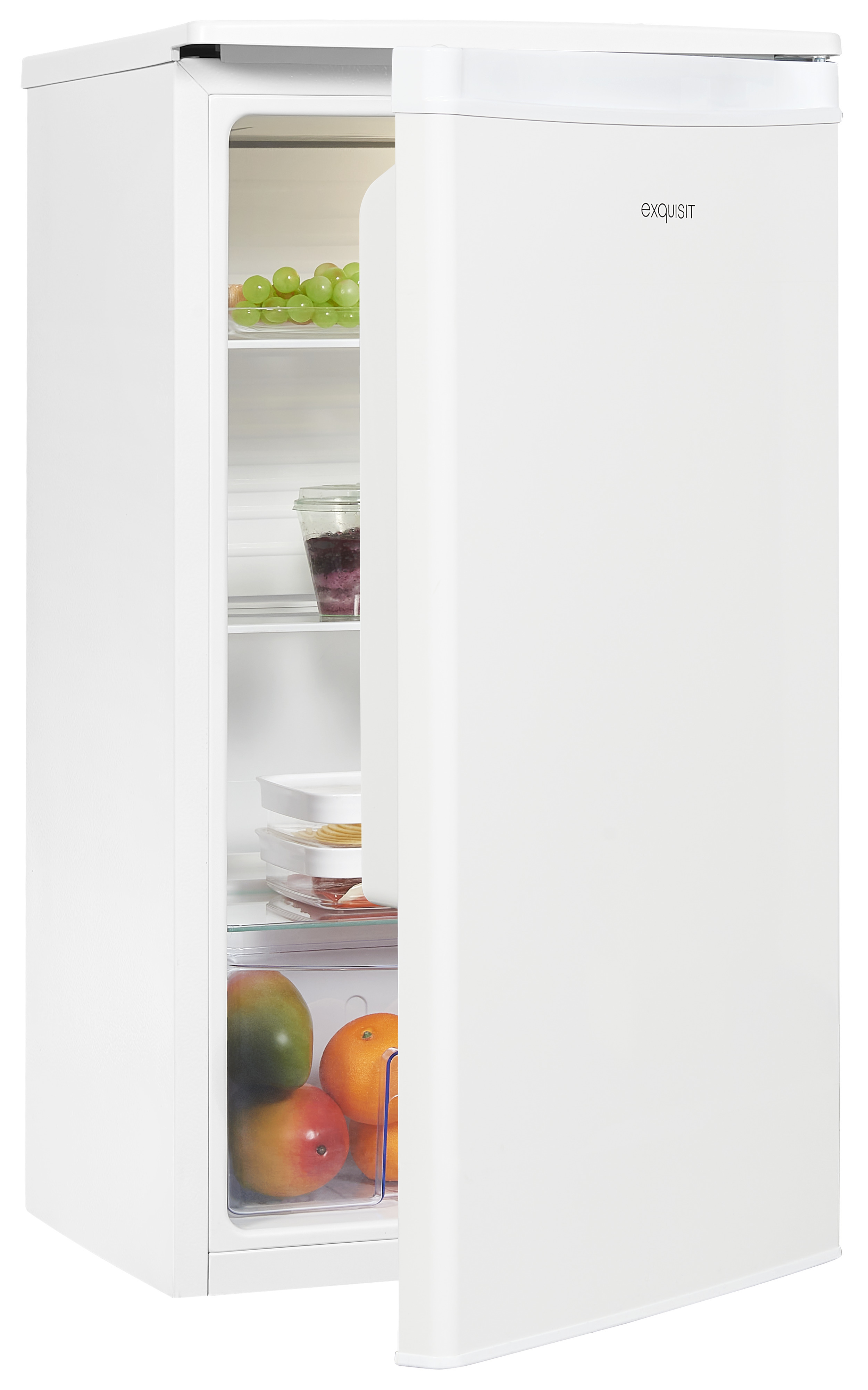 Weißer Kühlschrank mit offener Tür. Im Inneren befinden sich Früchte und andere Lebensmittel.