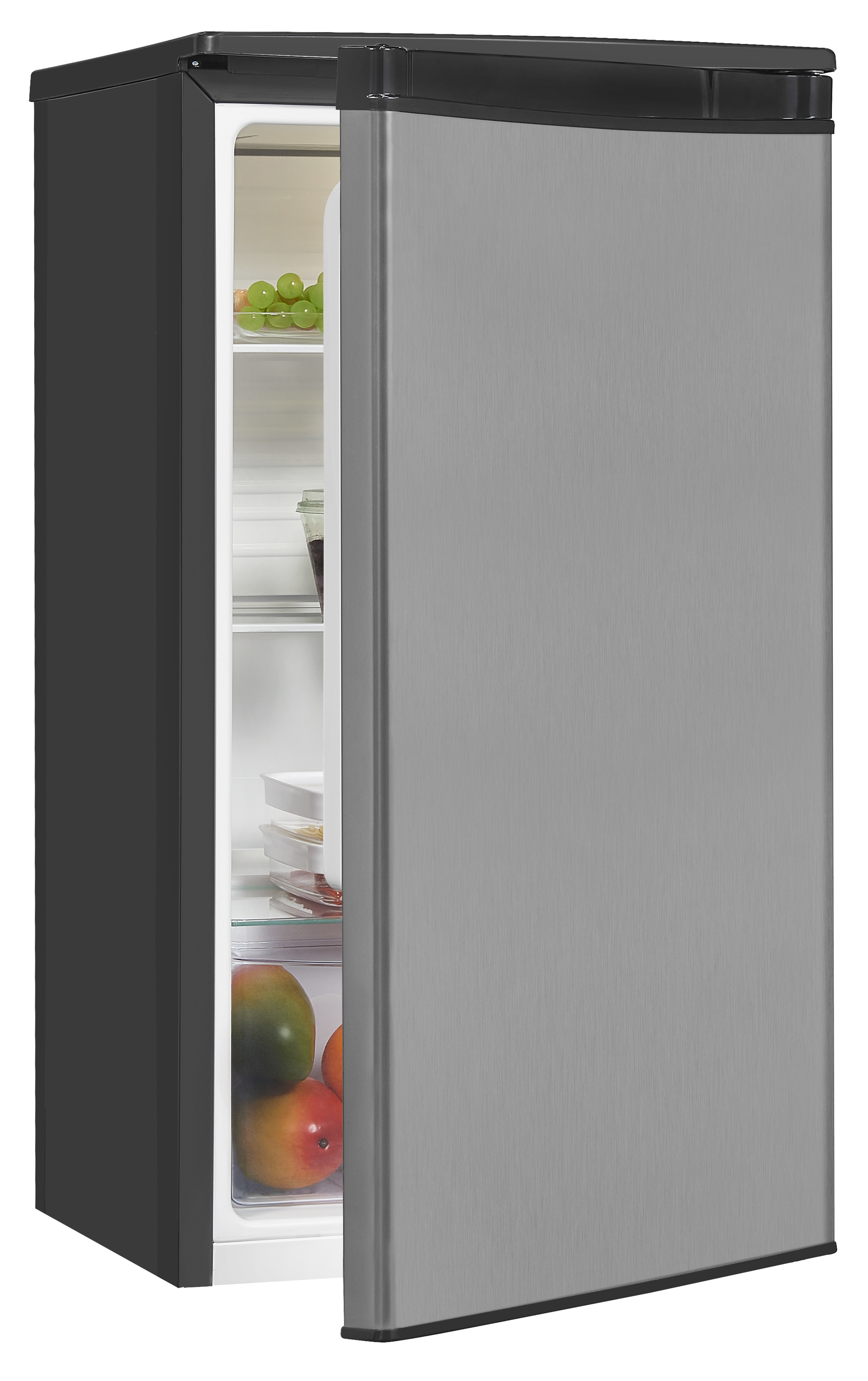 Ein silberner Mini-Kühlschrank mit offener Tür. Innen gibt es Regale und Früchte.