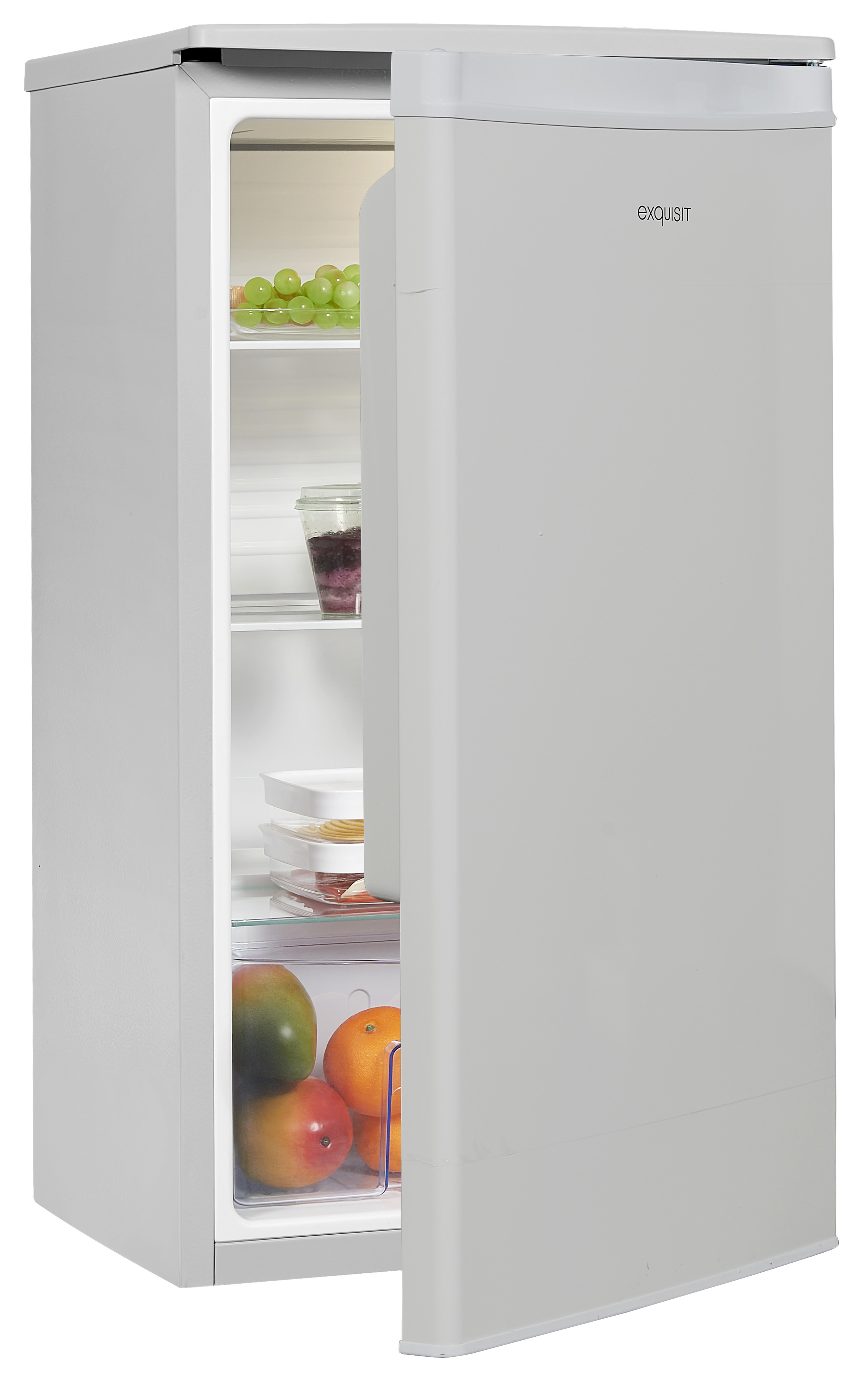 Grauer Kühlschrank, Tür offen, zeigt Früchte und andere Lebensmittel im Inneren.