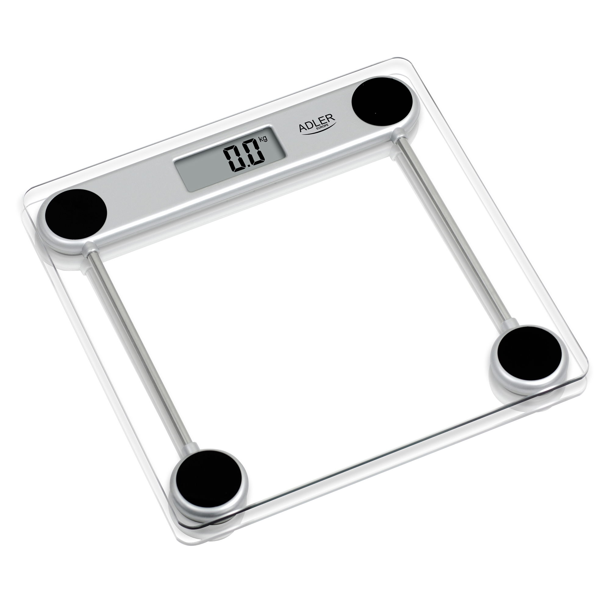 Digitale Waage mit klarer Oberfläche und schwarzen runden Pads.
