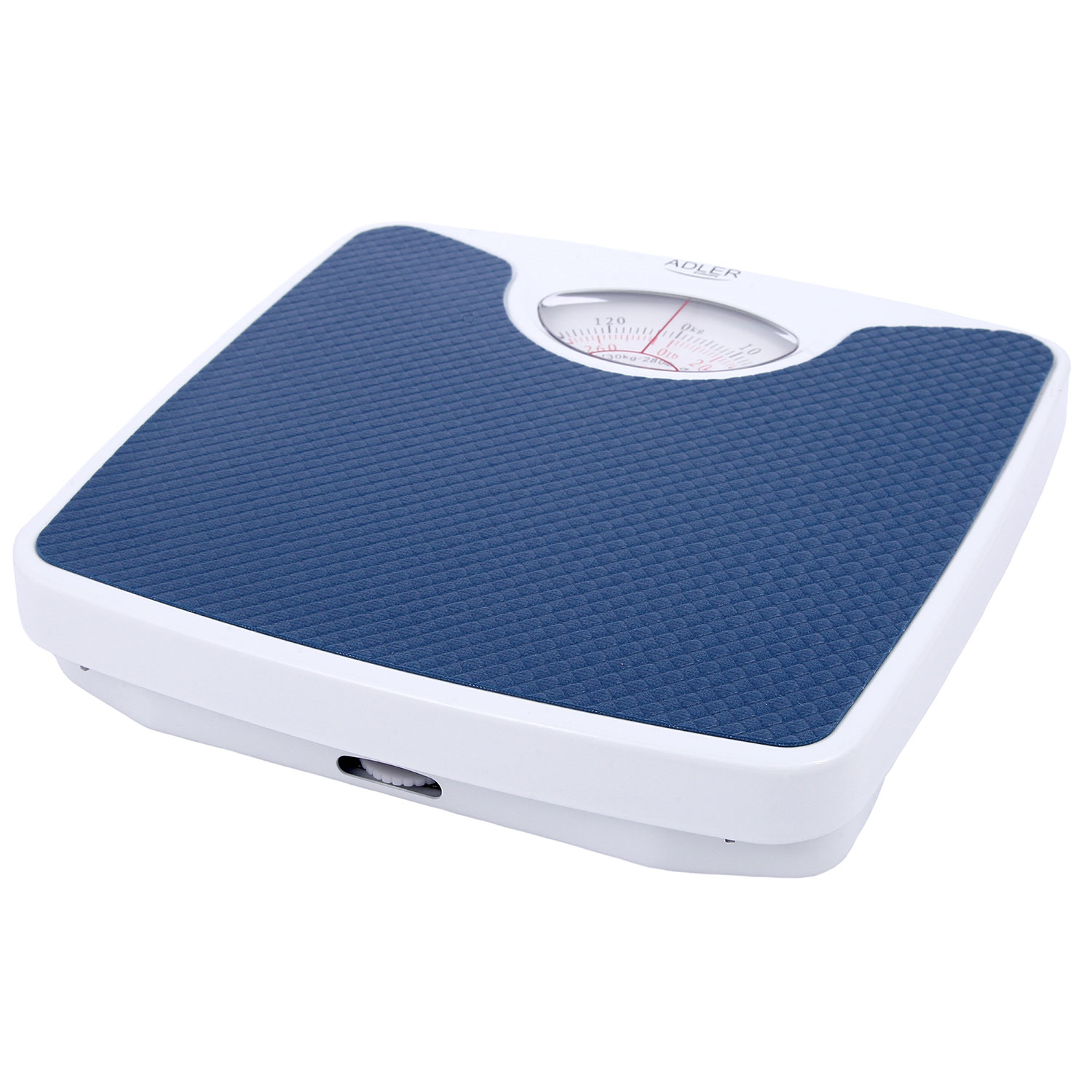 Biało-niebieska waga łazienkowa z analogową tarczą, pokazująca wagę.