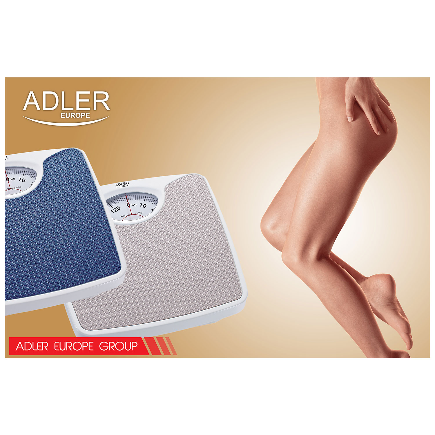 Reklama z dwiema wagami i nogami kobiety. Tło jest beżowe.