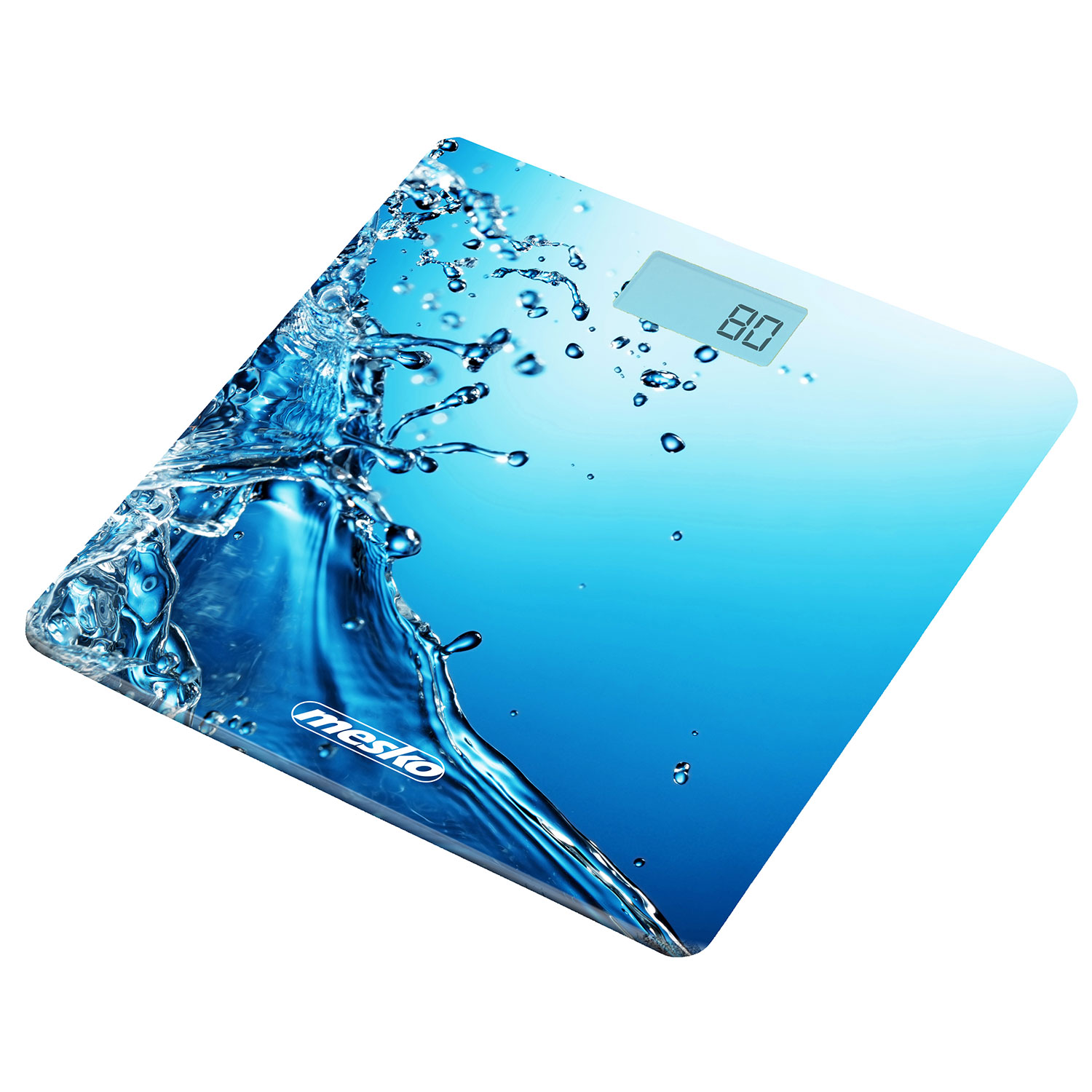 Una bilancia digitale con design a spruzzi d'acqua, che mostra il numero 80.