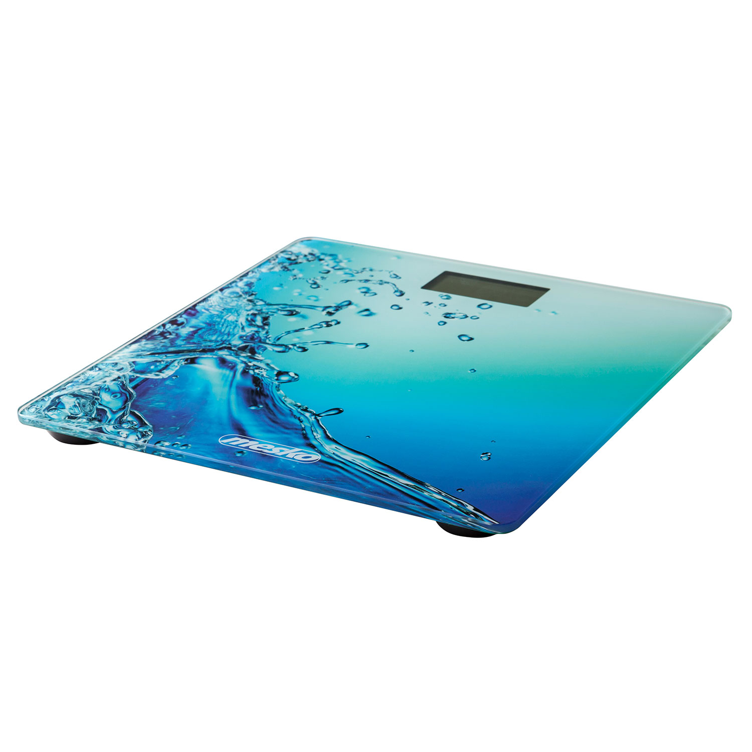 Una bilancia da bagno digitale con un design a spruzzi d'acqua blu, su sfondo bianco.