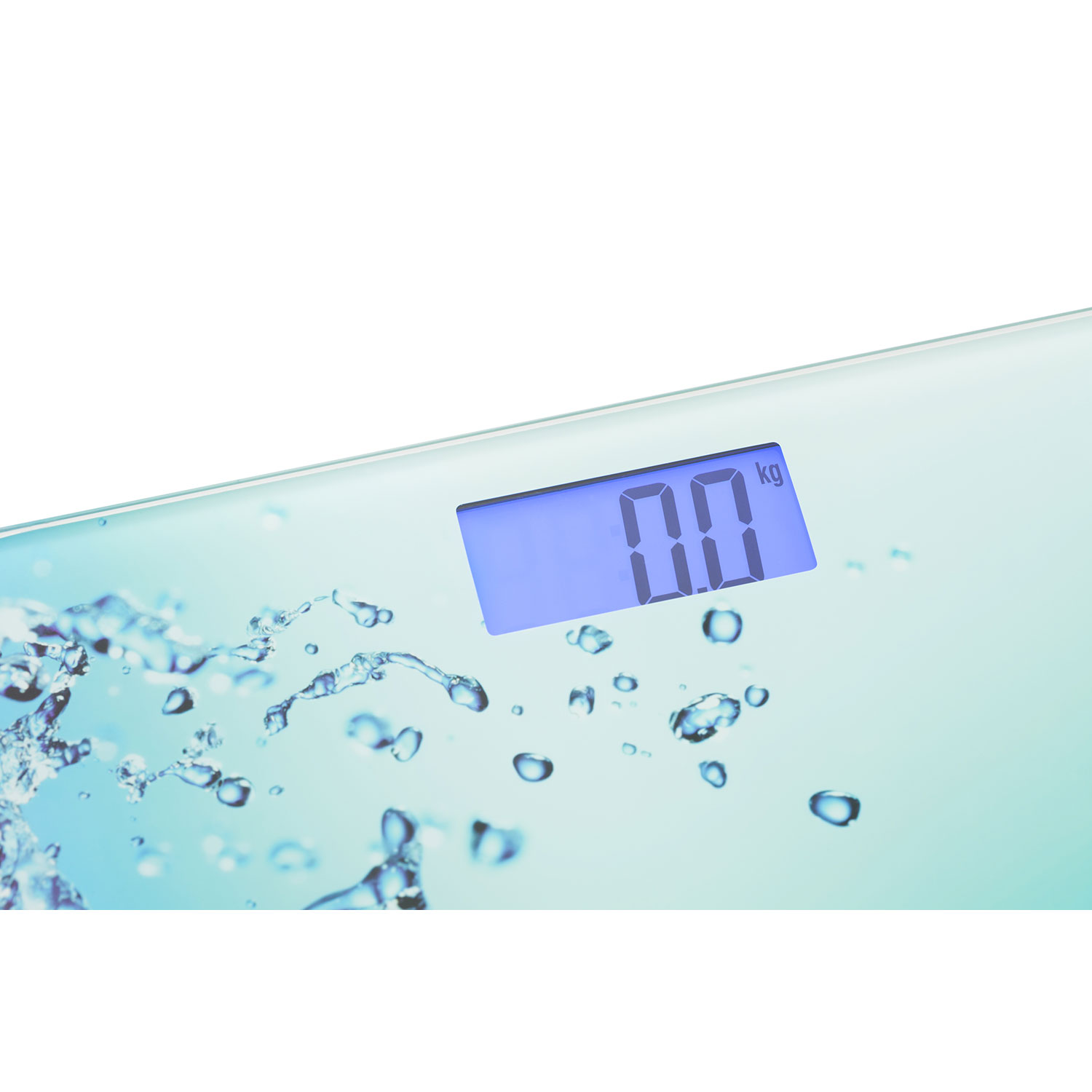Una bilancia digitale con un display che mostra 0.0. C'è un'arte di schizzi d'acqua sulla bilancia.