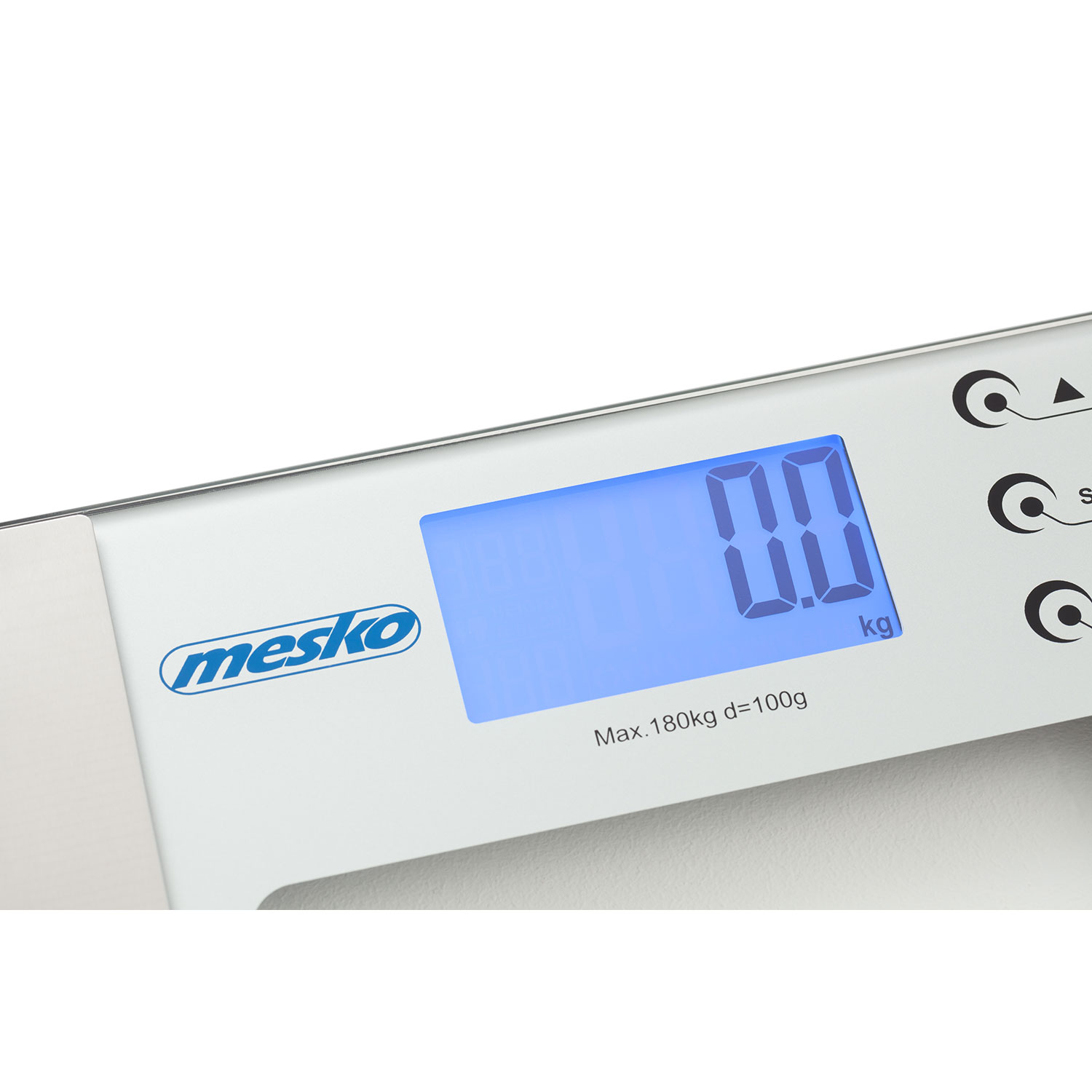 Weegschaal met 0,0 kg. De merknaam is 'mesko'. Witte achtergrond.