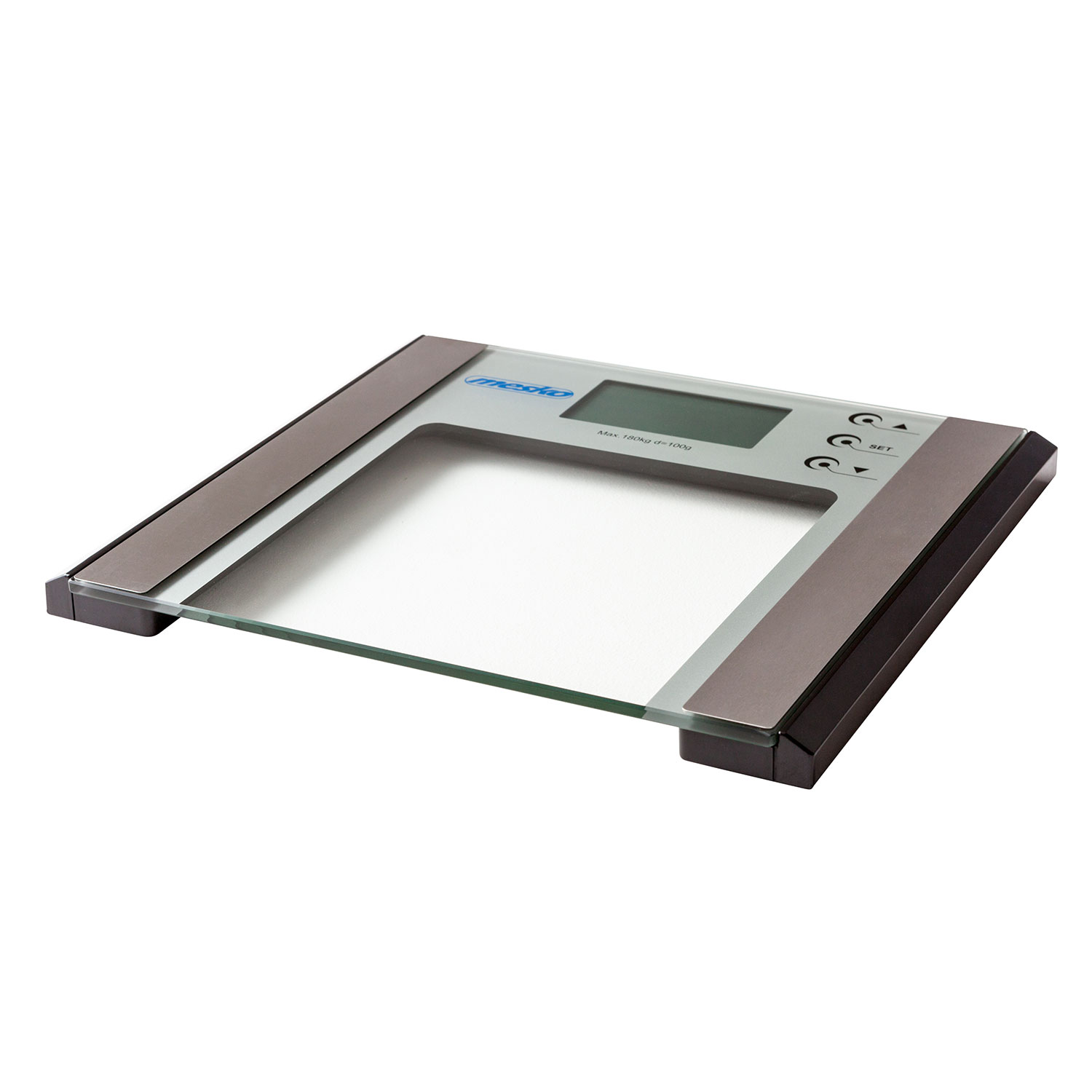 Een glazen digitale badkamer weegschaal. Voorzien van een digitaal display en grijze accenten.