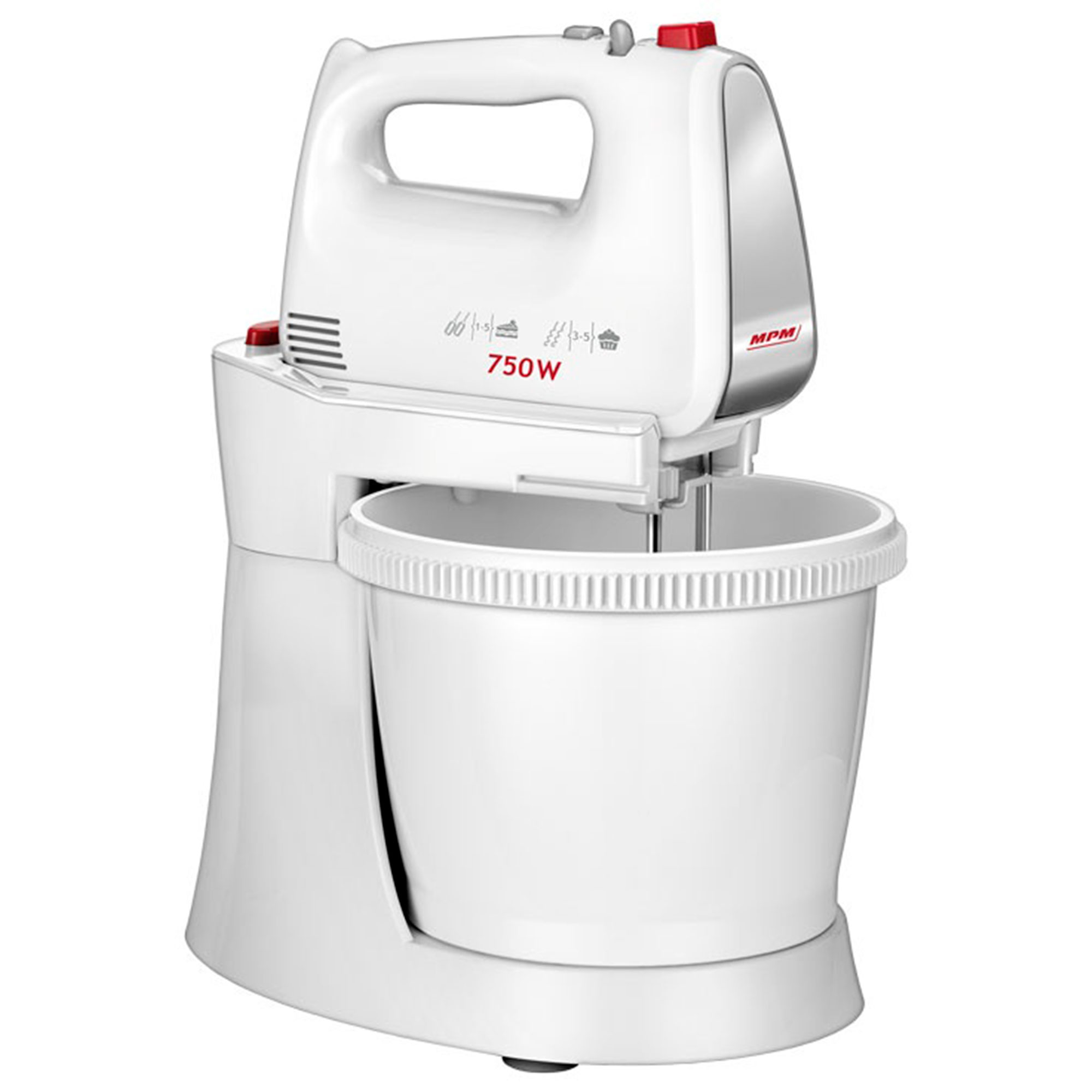 Weißer Handmixer mit Schüssel. Er hat einen Griff, rote Knöpfe und ein 750W-Etikett.