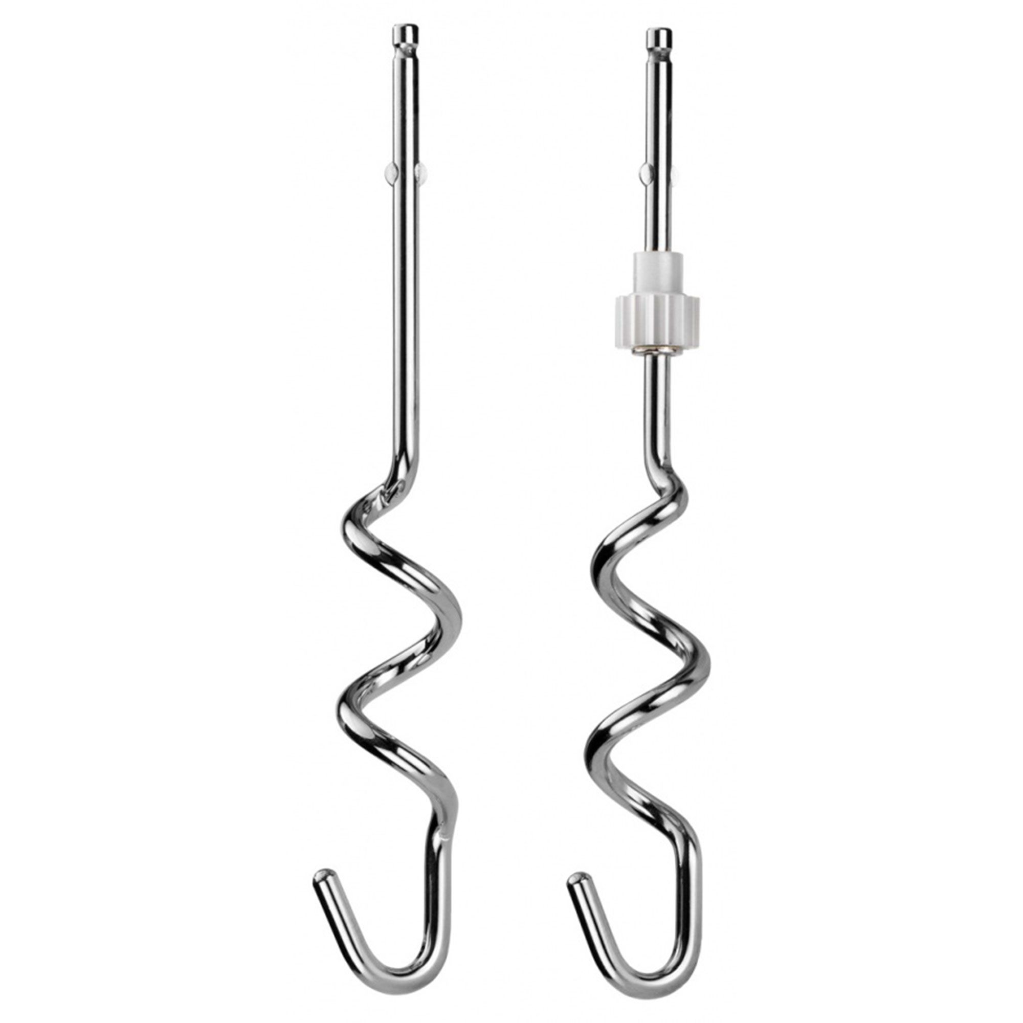 Zwei silberne Spiraleinsätze für einen Handmixer, isoliert auf Weiß.