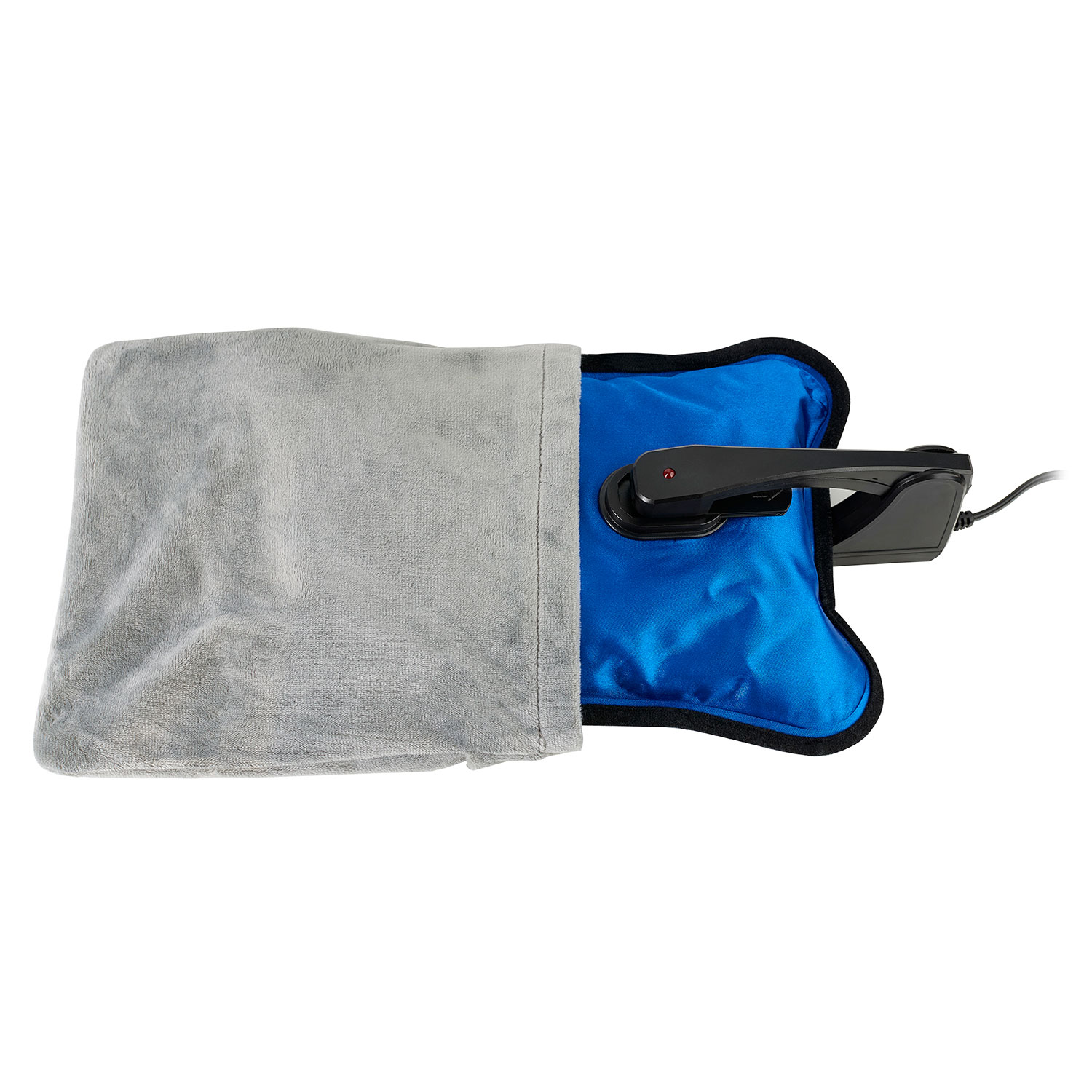 Almohadilla térmica azul en una cubierta gris. Tiene un control negro y cable de alimentación.