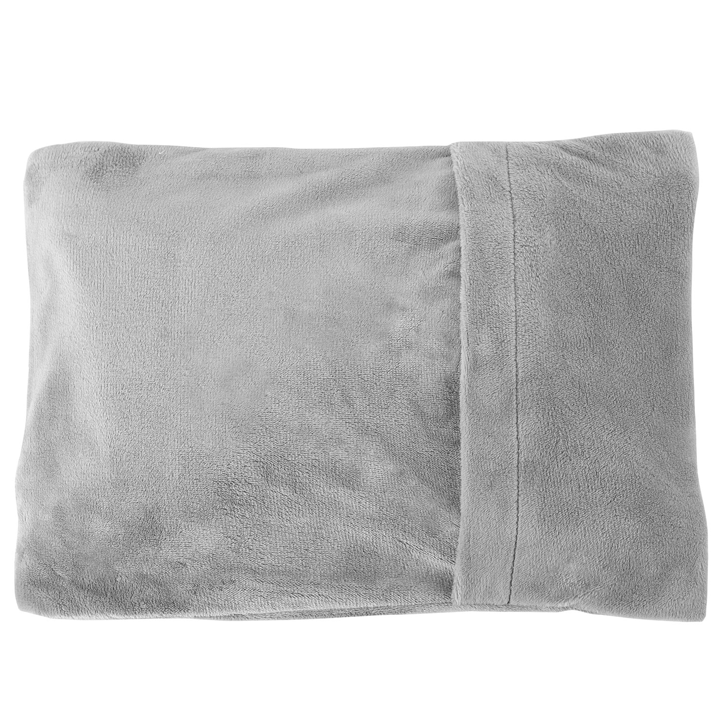 Una almohada rectangular gris claro con una solapa doblada en el lado derecho.