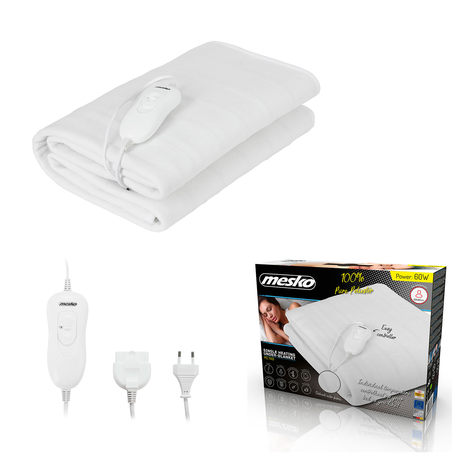 Manta eléctrica blanca con controlador y embalaje, sobre un fondo blanco.