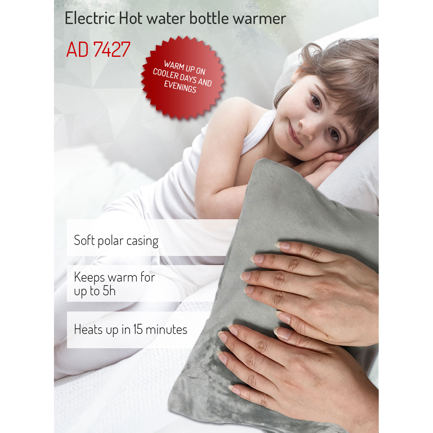 Niña y calentador eléctrico de botellas de agua caliente. Almohada gris, texto e información del producto.