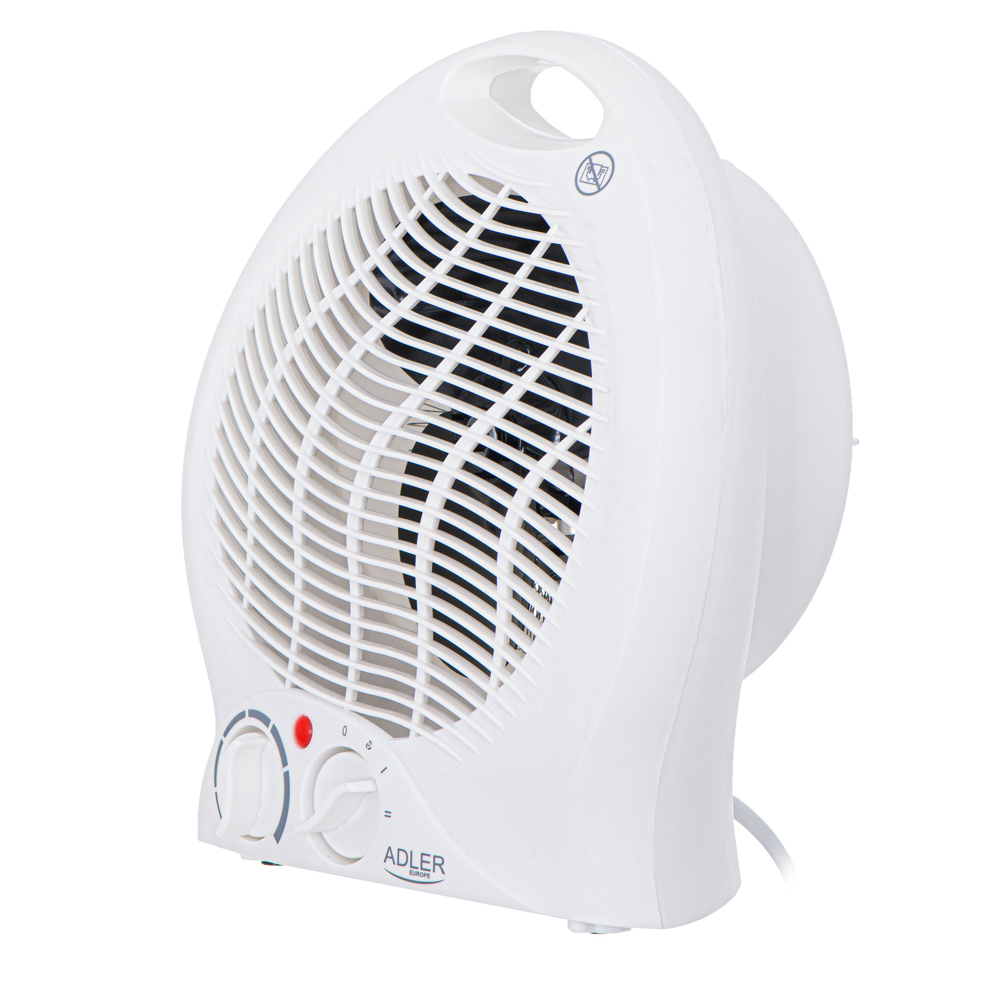 Ein weißer elektrischer Ventilator mit geschwungenem Design und Drehreglern. Der Ventilator ist isoliert.