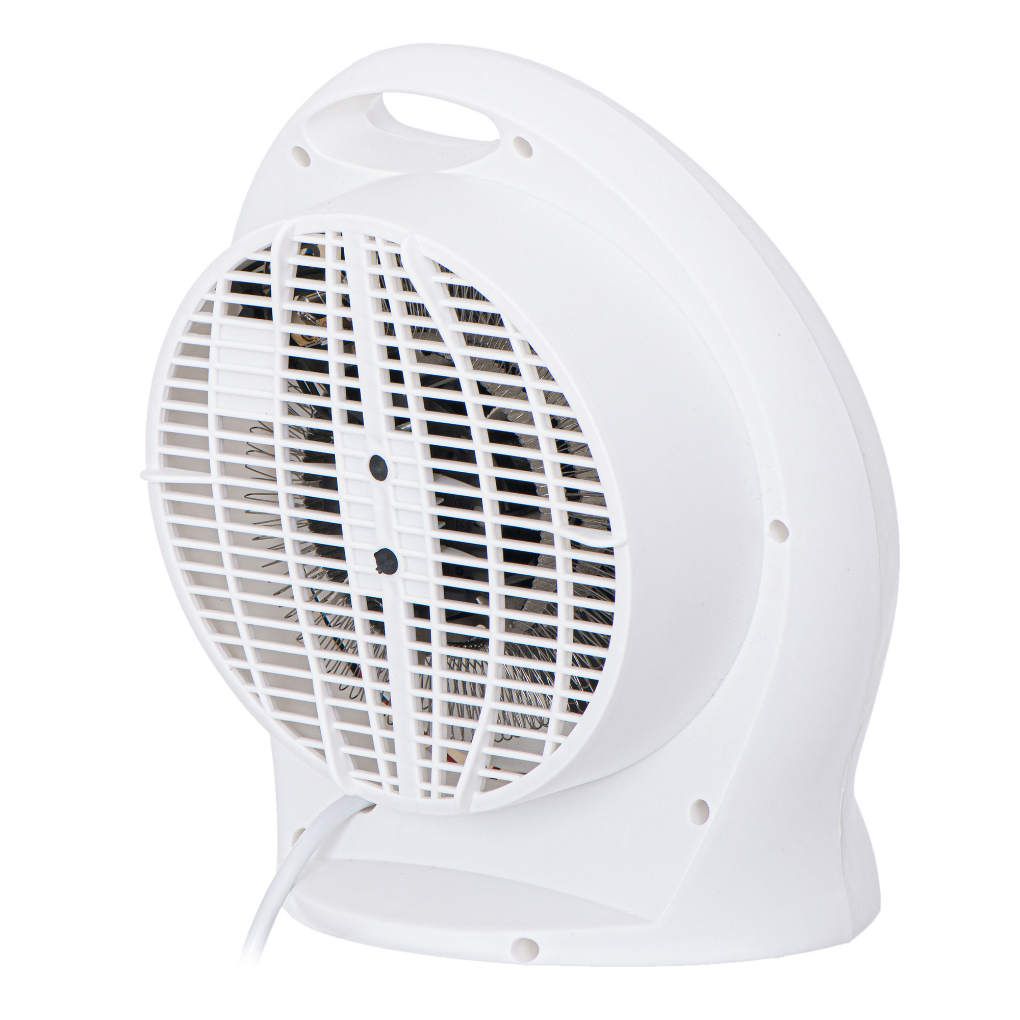 Weißer Ventilator mit Griff. Der Ventilator hat eine gitterartige Vorderseite. Der Hintergrund ist weiß.