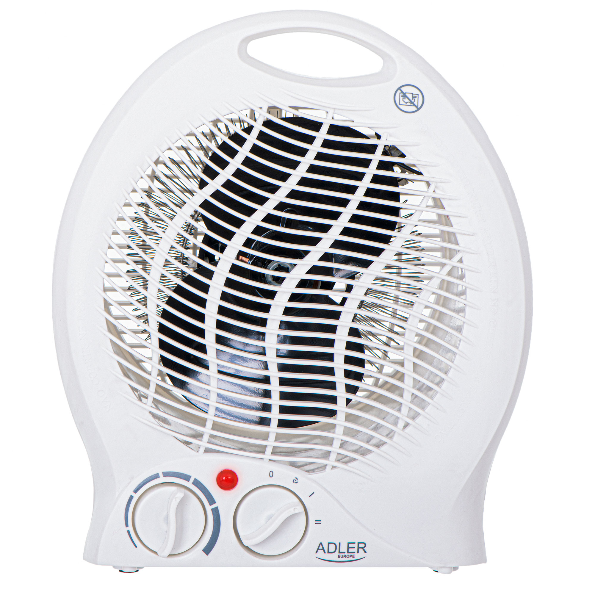 Weißer Ventilator mit rotem Licht und zwei Bedienknöpfen.