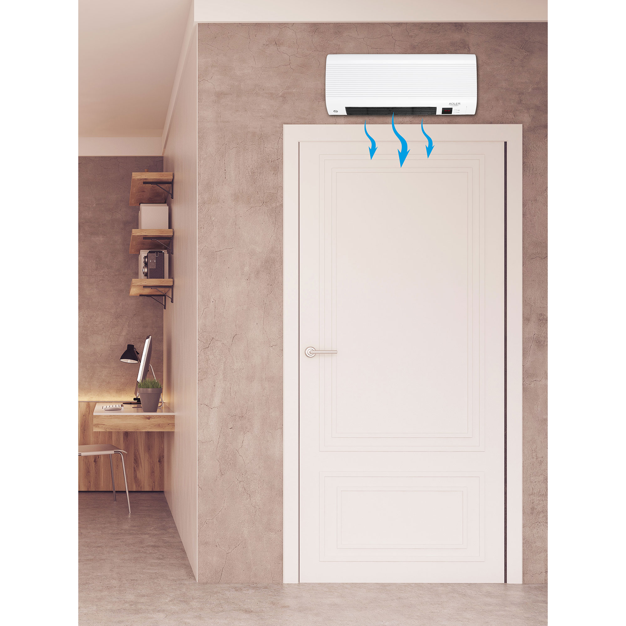 Biały klimatyzator naścienny nad drzwiami, niebieskie strzałki wskazują przepływ powietrza, biurko w tle.