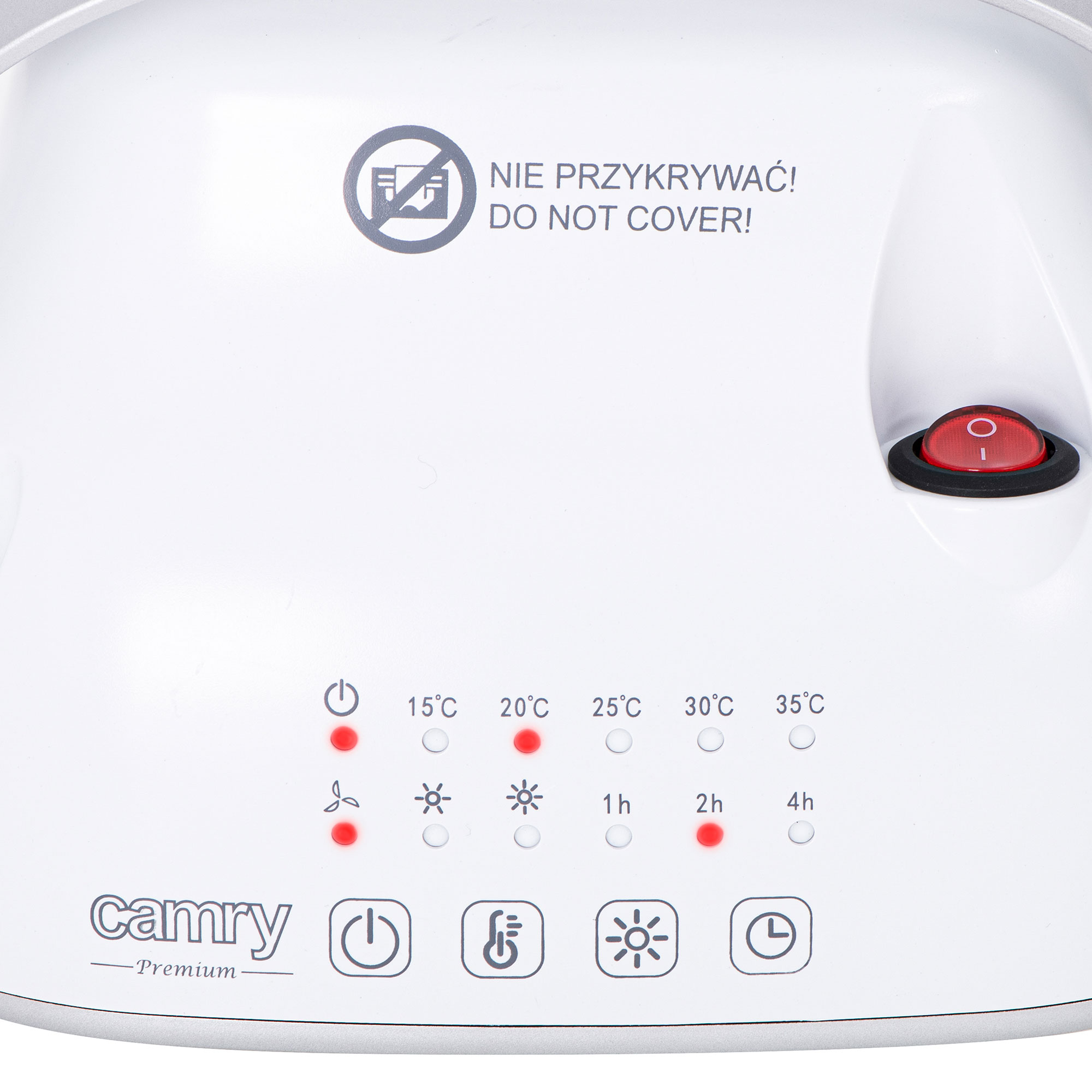Panel de control de un dispositivo blanco, que muestra los ajustes de encendido, temporizador y temperatura.