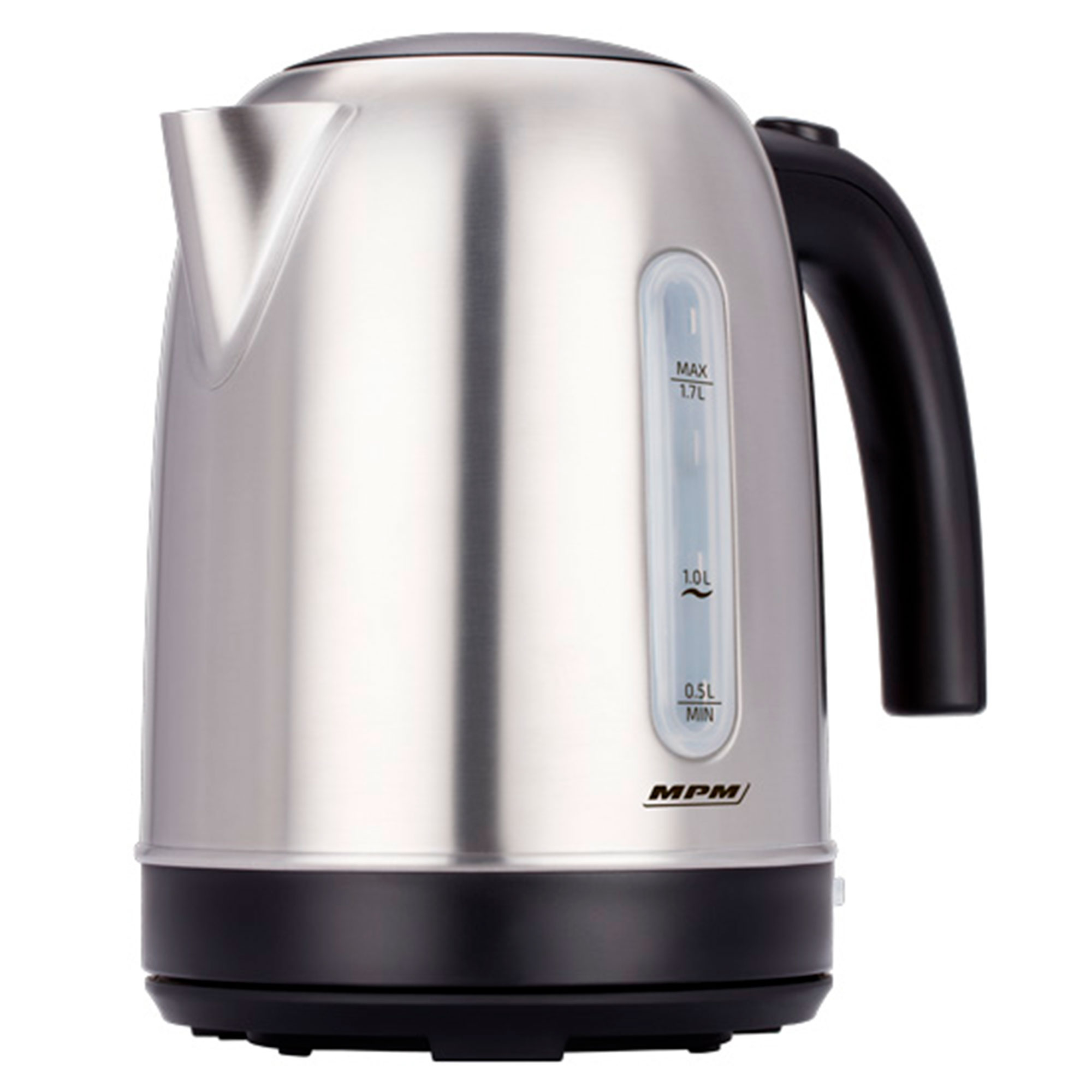 Hervidor eléctrico de acero inoxidable con base y asa negras, indicador de nivel de agua.