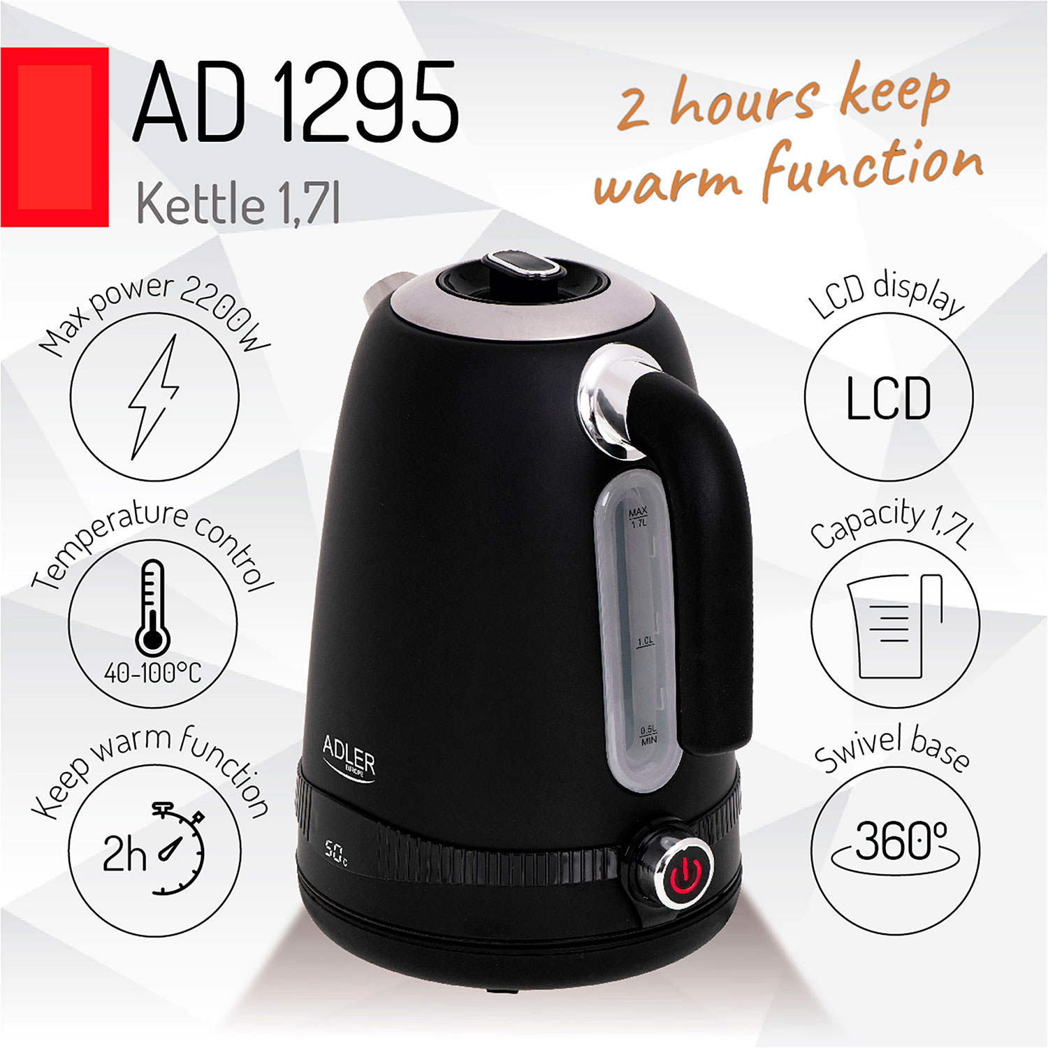 Czarny czajnik elektryczny z infografikami. Ma uchwyt i przycisk zasilania.