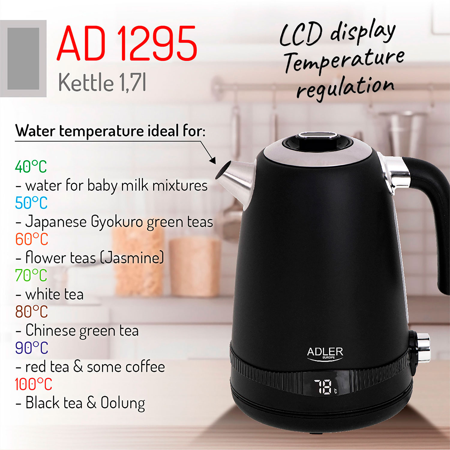 Czajnik czarny z wyświetlaczem cyfrowym, przewodnikiem po temperaturach i tekstem. Pokazuje 78 stopni.