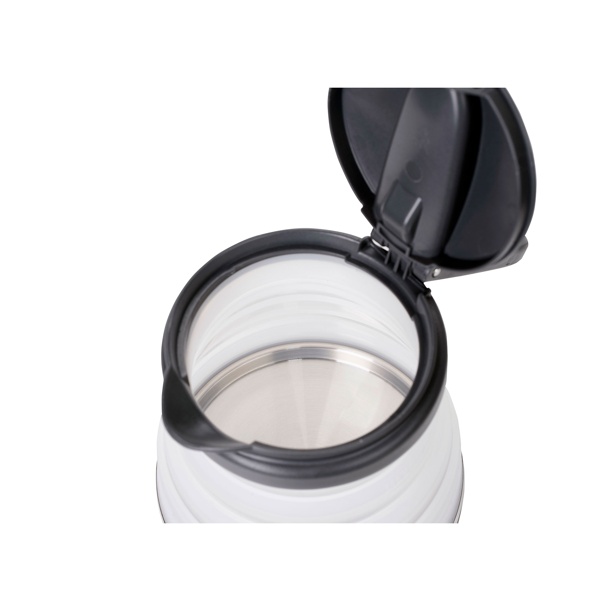 Biały i czarny czajnik z otwartą pokrywką, pokazujący wnętrze.