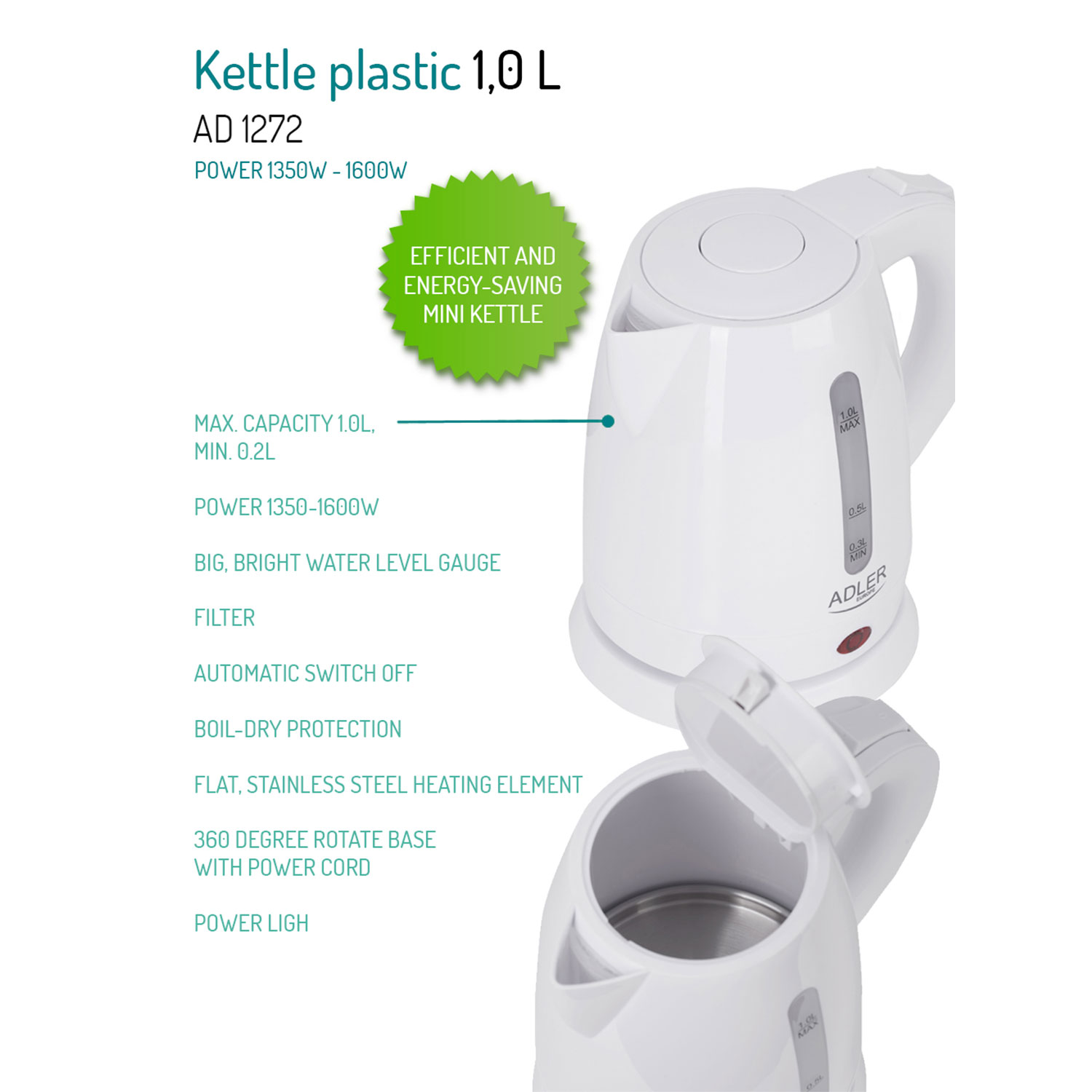 Biały czajnik elektryczny z otwartą pokrywką, pokazujący wnętrze i tekst.