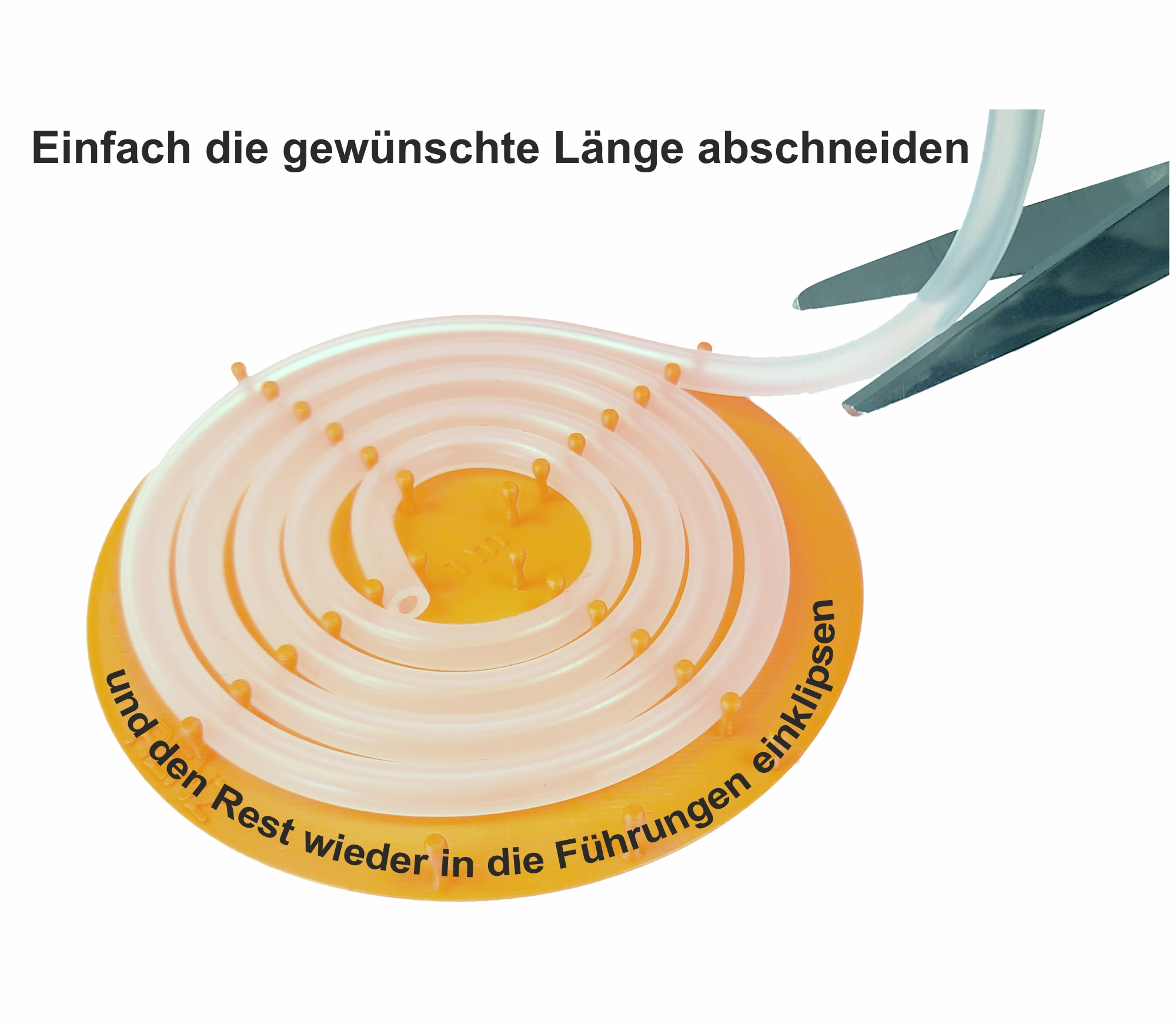 Eine aufgerollte Röhre mit kleinen Stiften liegt auf einem gelben Kreis. Schere schneidet die Röhre.