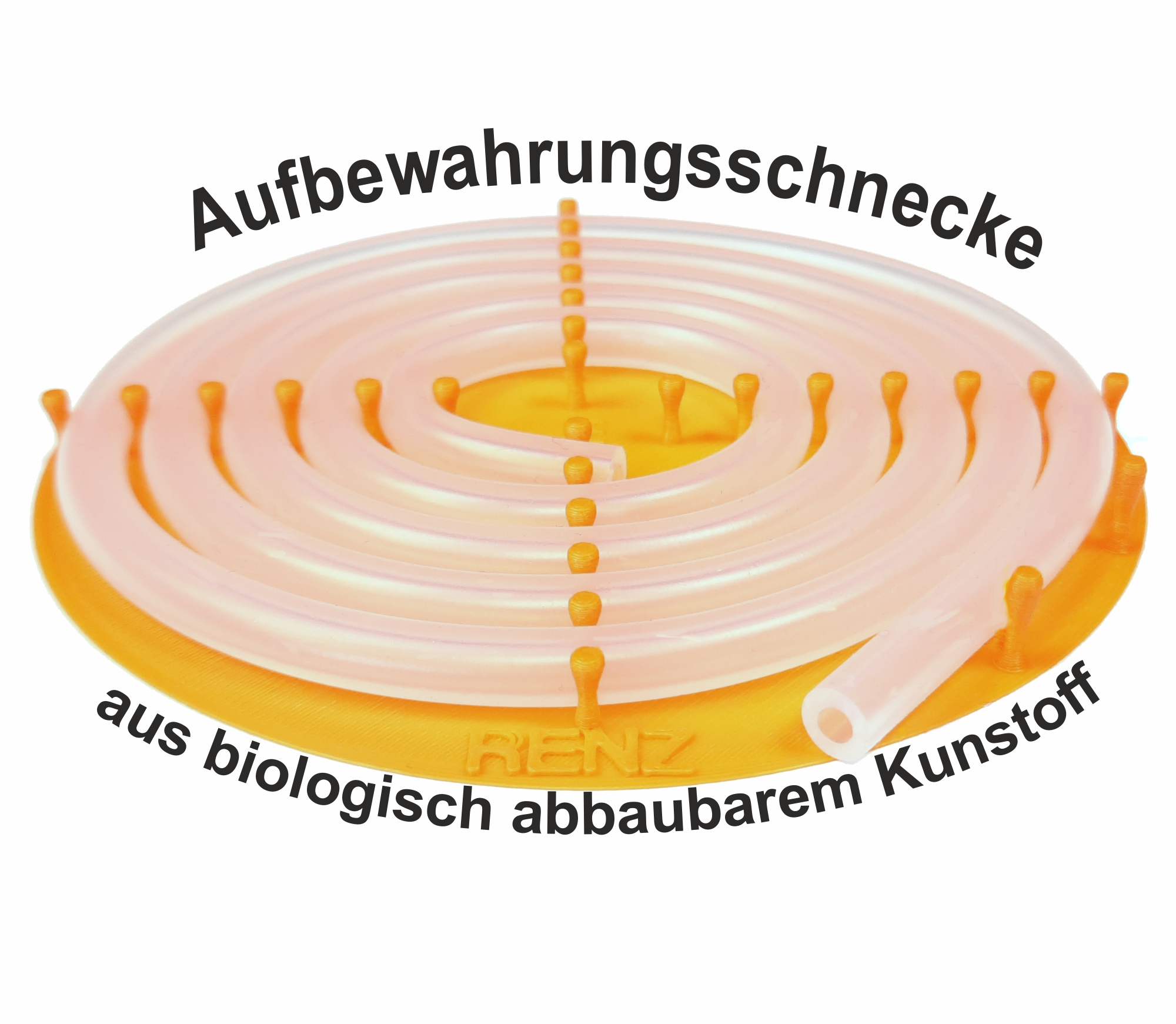 Orange und weiße Plastikspule zur Kabelaufbewahrung, mit Text.