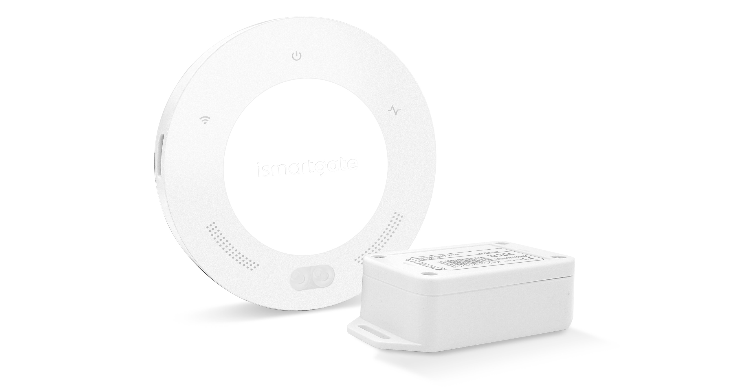 Weißes Smart-Home-Steuergerät und eine weiße rechteckige Steuerbox.