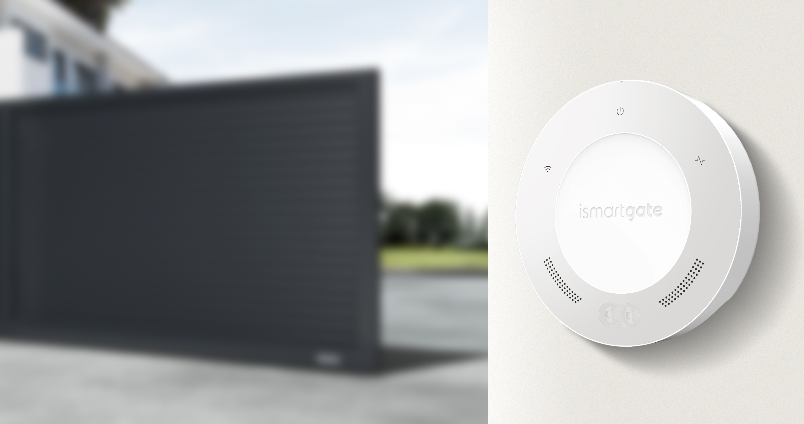 Ein Smart-Home-Gerät und ein unscharfes Bild eines schwarzen Tors. Das Gerät ist weiß und rund.