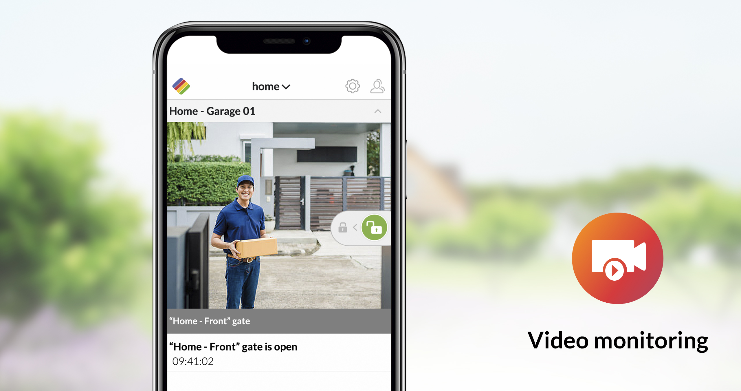 Smartphone-Bildschirm, der die Videoüberwachung der Garage und des Vordertors eines Hauses zeigt.