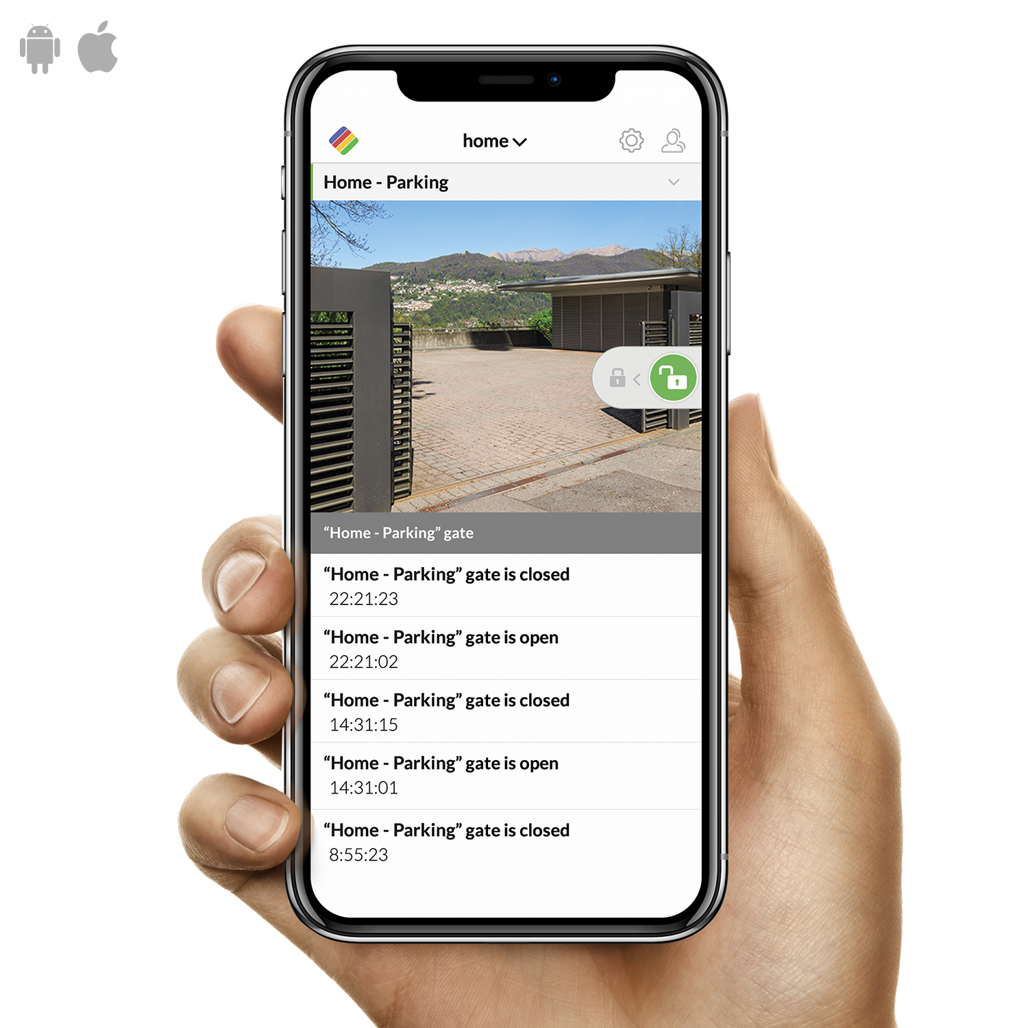 Eine Hand, die ein Smartphone hält, das eine Smart-Home-Oberfläche mit Torstatus zeigt.