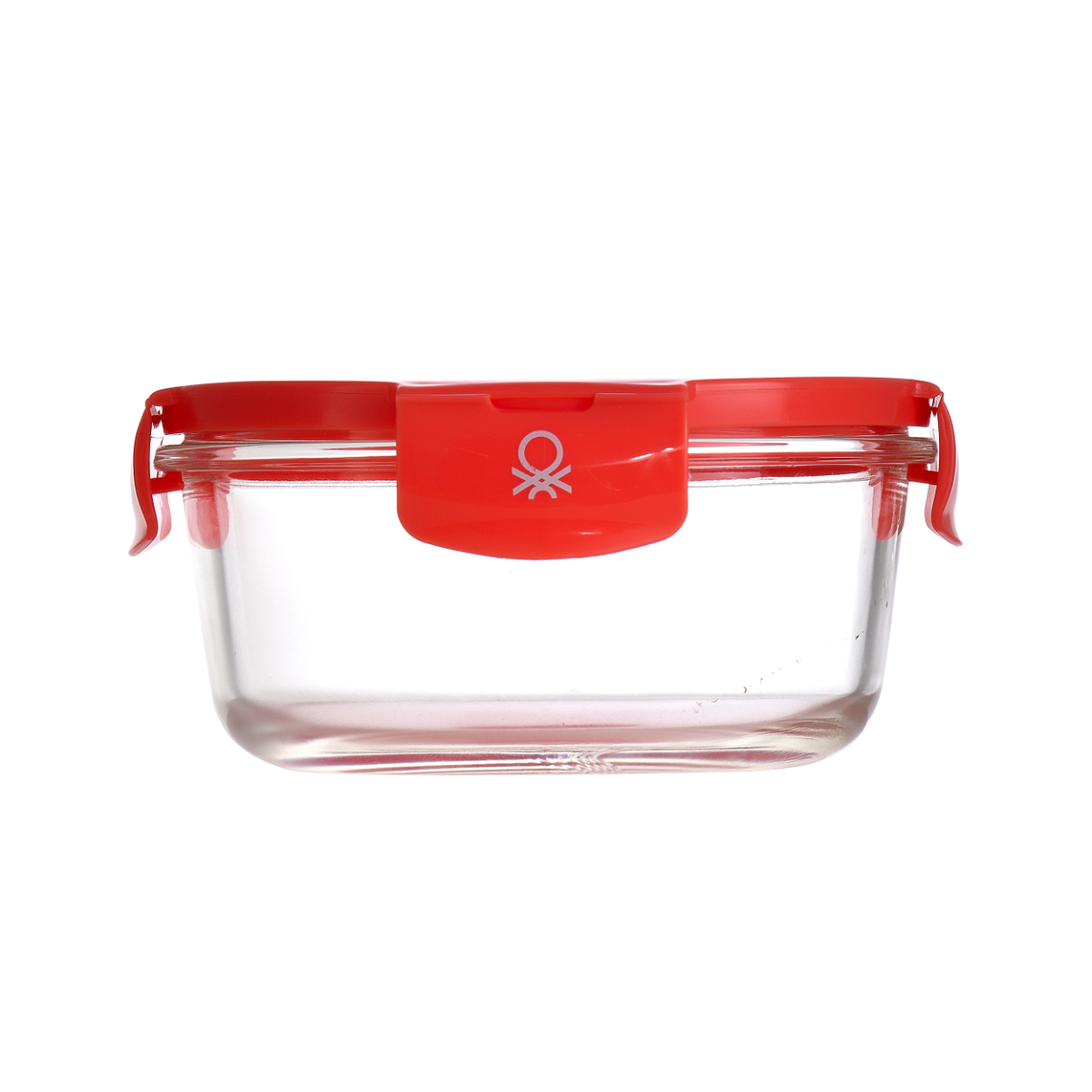 Un recipiente de vidrio rectangular transparente con tapa roja.