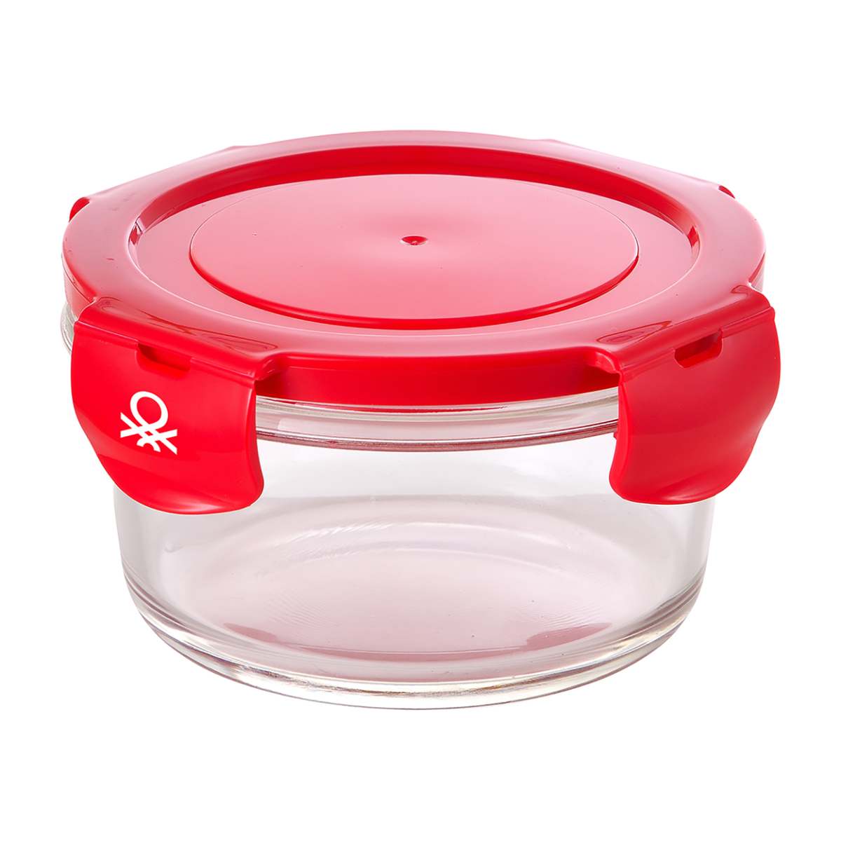 Un tarro de vidrio transparente con tapa y clip rojos, sobre un fondo blanco.