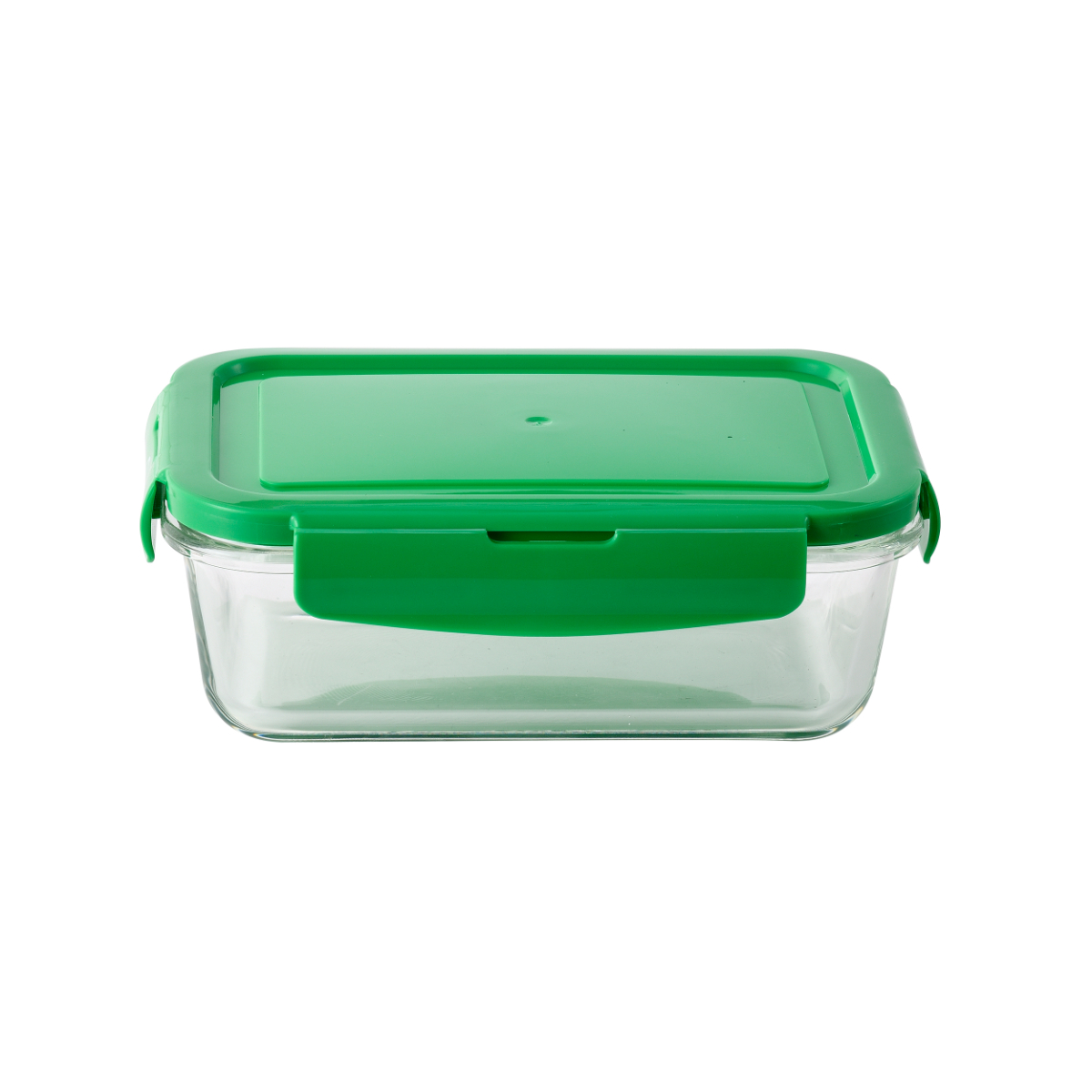 Se muestra un recipiente rectangular de vidrio transparente con tapa verde y cierres.